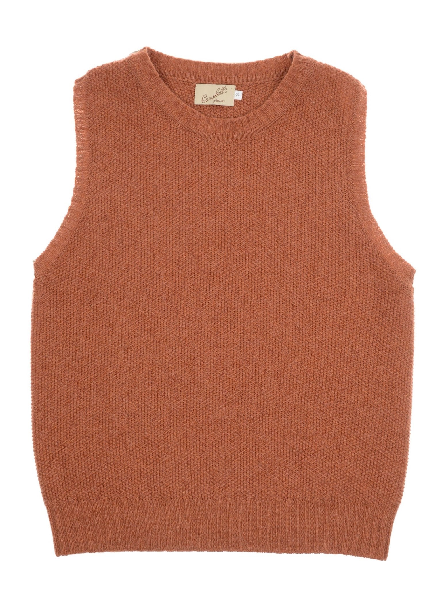 The Moss Stitch Crew Tank by Campbell's of Beauly is a sleeveless, rust-colored fine gauge knit laid flat on white. Made in Scotland, it has a round neckline and ribbed trim at the neck, armholes, and hem.