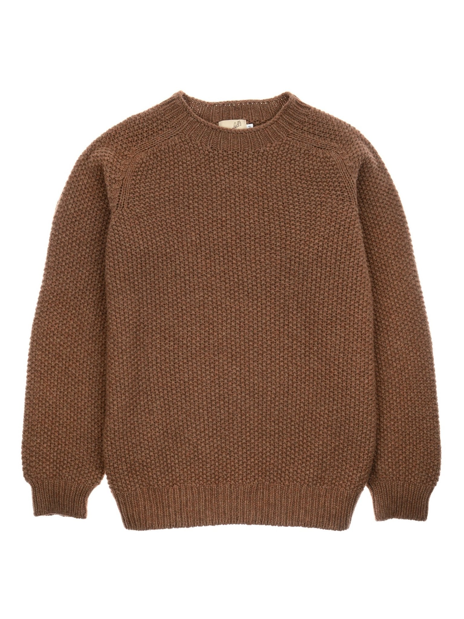 The Campbell's of Beauly Moss Stitch Crew Neck Jumper in Hazelnut, featuring long sleeves and a crew neck, is shown laid flat on a white background.