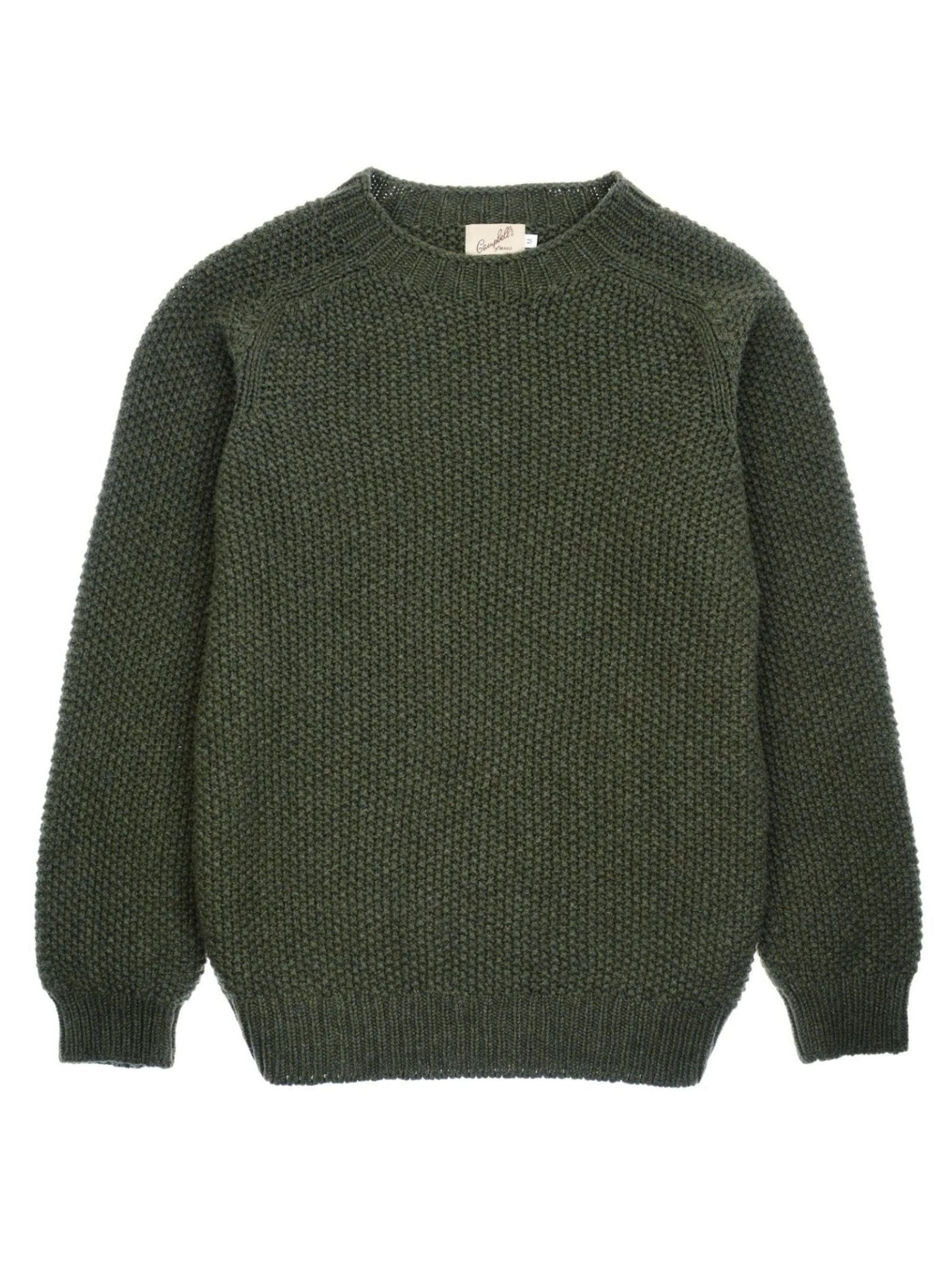 A dark green Moss Stitch Crew Neck Jumper from Campbell's of Beauly, featuring long sleeves, a textured knit, ribbed cuffs and hem, and a crew neck, is laid flat on a white background.