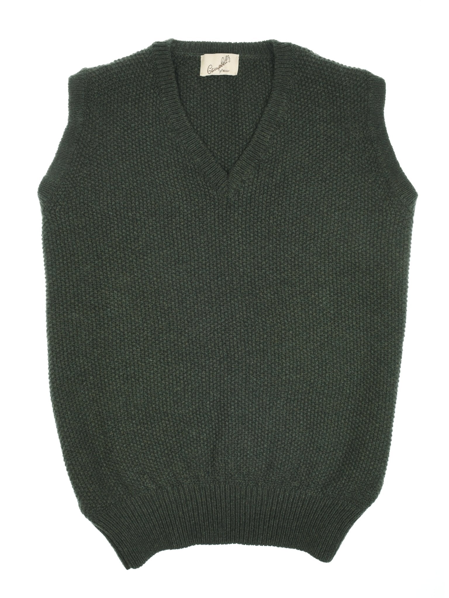 The Campbell's of Beauly Moss Stitch Knitted Slipover is sleeveless with a V-neck and ribbed hem, crafted from pure wool in dark green and shown laid flat on a white background.