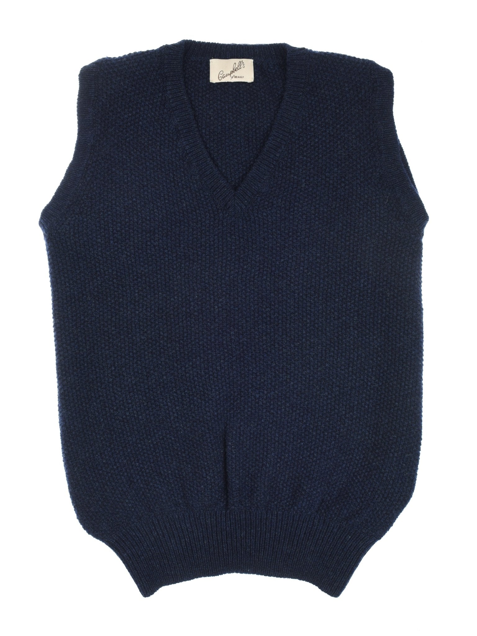 The Campbell's of Beauly Moss Stitch Knitted Slipover is a navy blue, pure wool, sleeveless vest with a V-neck and ribbed hem, made in the UK and shown laid flat on a white background.
