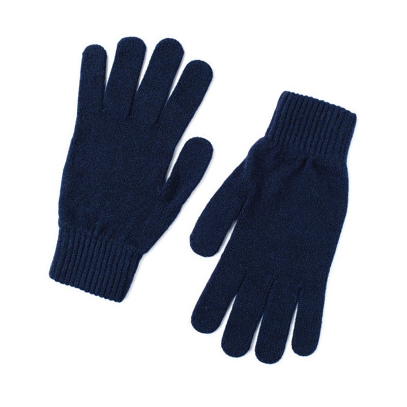 Campbell's of Beauly Lambswool Gloves in dark blue, cold-weather essentials from the Scottish Borders, are shown laid flat on a white background—one displays the palm side and the other shows the back.
