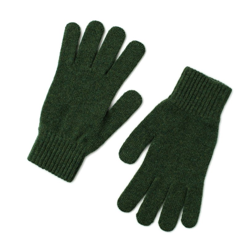 Campbell's of Beauly Lambswool Gloves in Rosemary, inspired by the Scottish Borders, are shown on a white background with one glove palm up and the other palm down—an essential for cold weather.