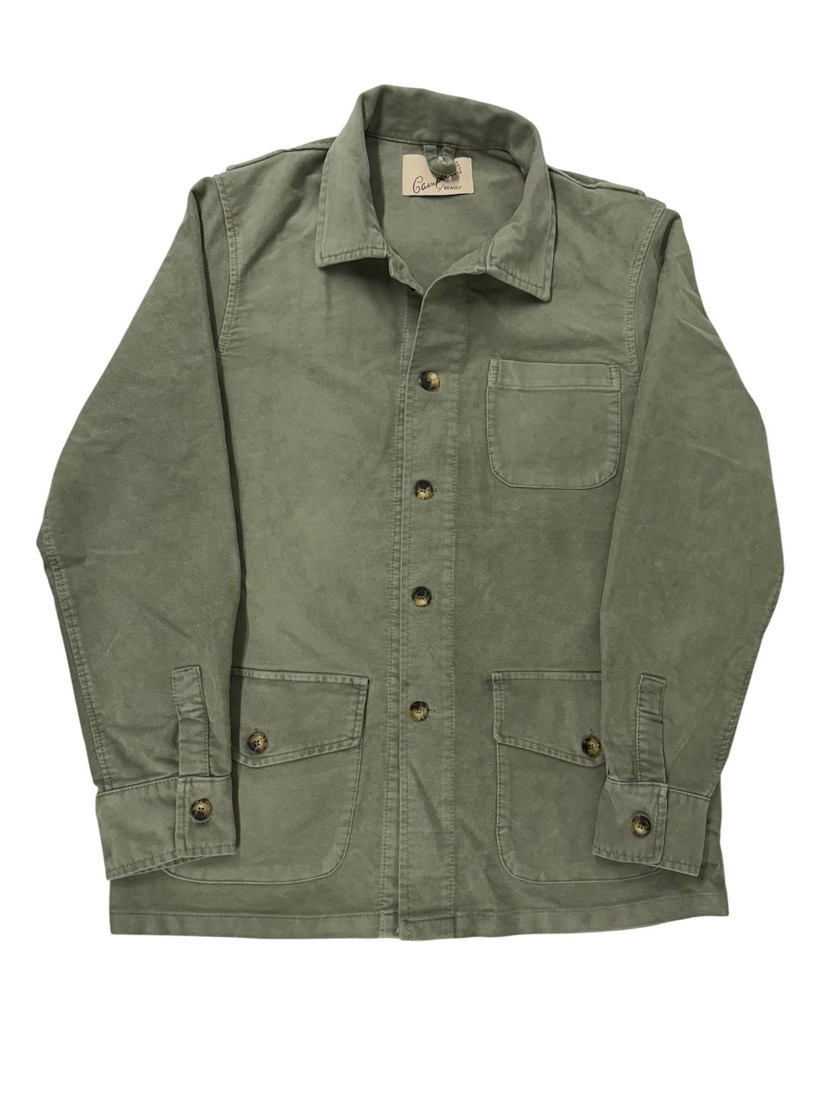 Campbell’s of Beauly Nevis Jacket in olive green cotton moleskin, featuring a collar, one chest pocket, and two lower pockets.