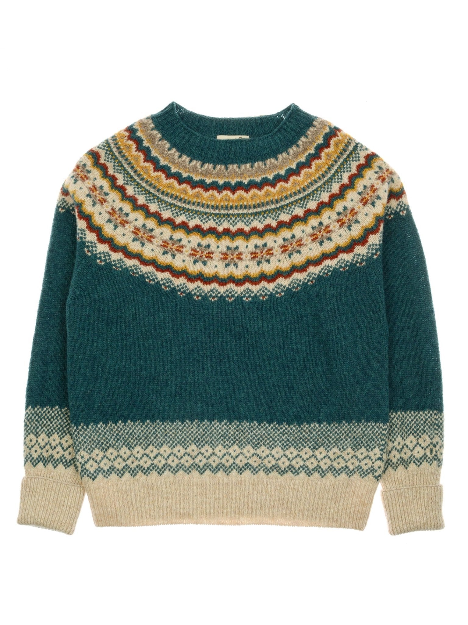 The Nordic Fairisle Crew Jumper by Campbell's of Beauly is a teal Shetland wool sweater with a round neck, showcasing a cream, gold, brown, and red Fair Isle pattern on the yoke and cuffs plus cream hems with diamond detailing.