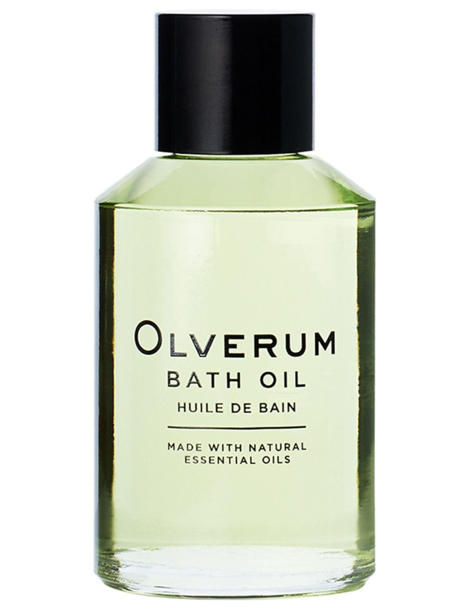 A clear glass bottle of OLVERUM Bath Oil with a black cap contains light green bath oil made with natural essential oils to promote restful sleep. The label reads: OLVERUM Bath Oil, Huile de Bain, Made with Natural Essential Oils.