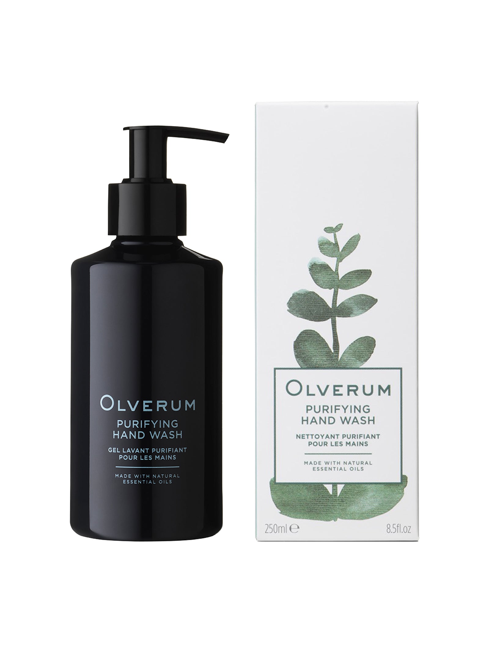 A 250ml (8.5 fl. oz.) black pump bottle of OLVERUM Purifying Hand Wash sits beside its white box with a green eucalyptus design; this vegan-friendly formula uses natural origin ingredients.