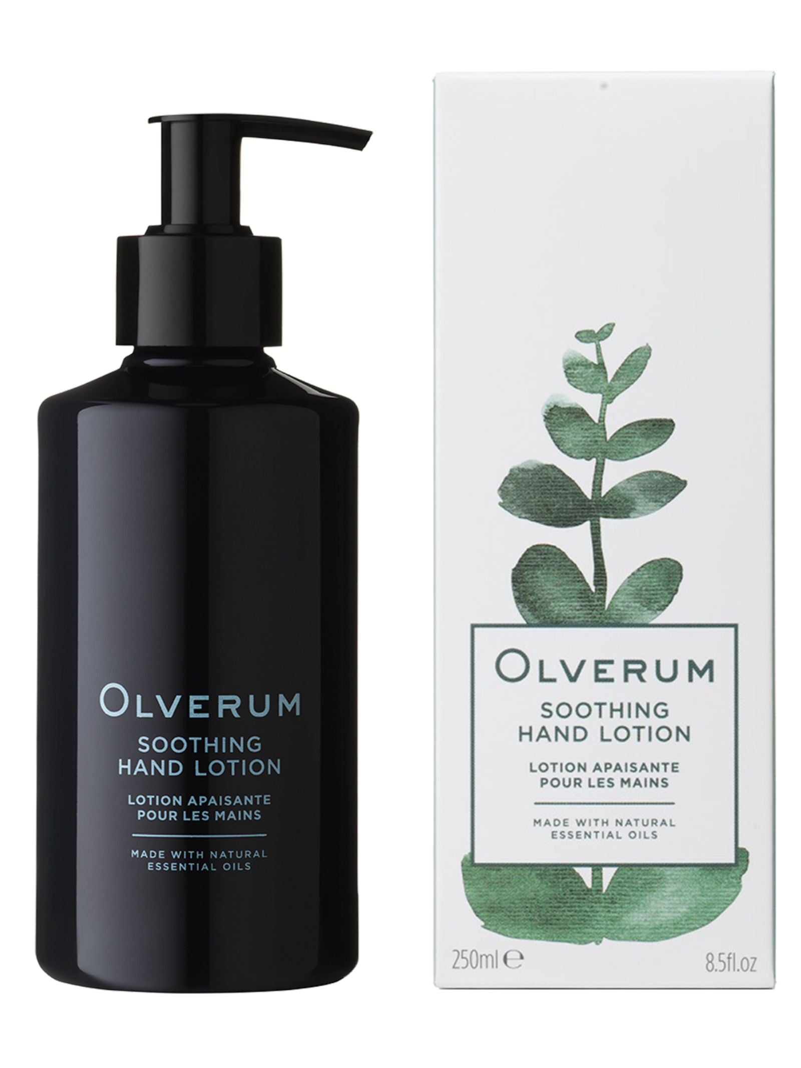 A black pump bottle of OLVERUM Soothing Hand Lotion sits beside its white box, which showcases a green eucalyptus branch illustration and product details.