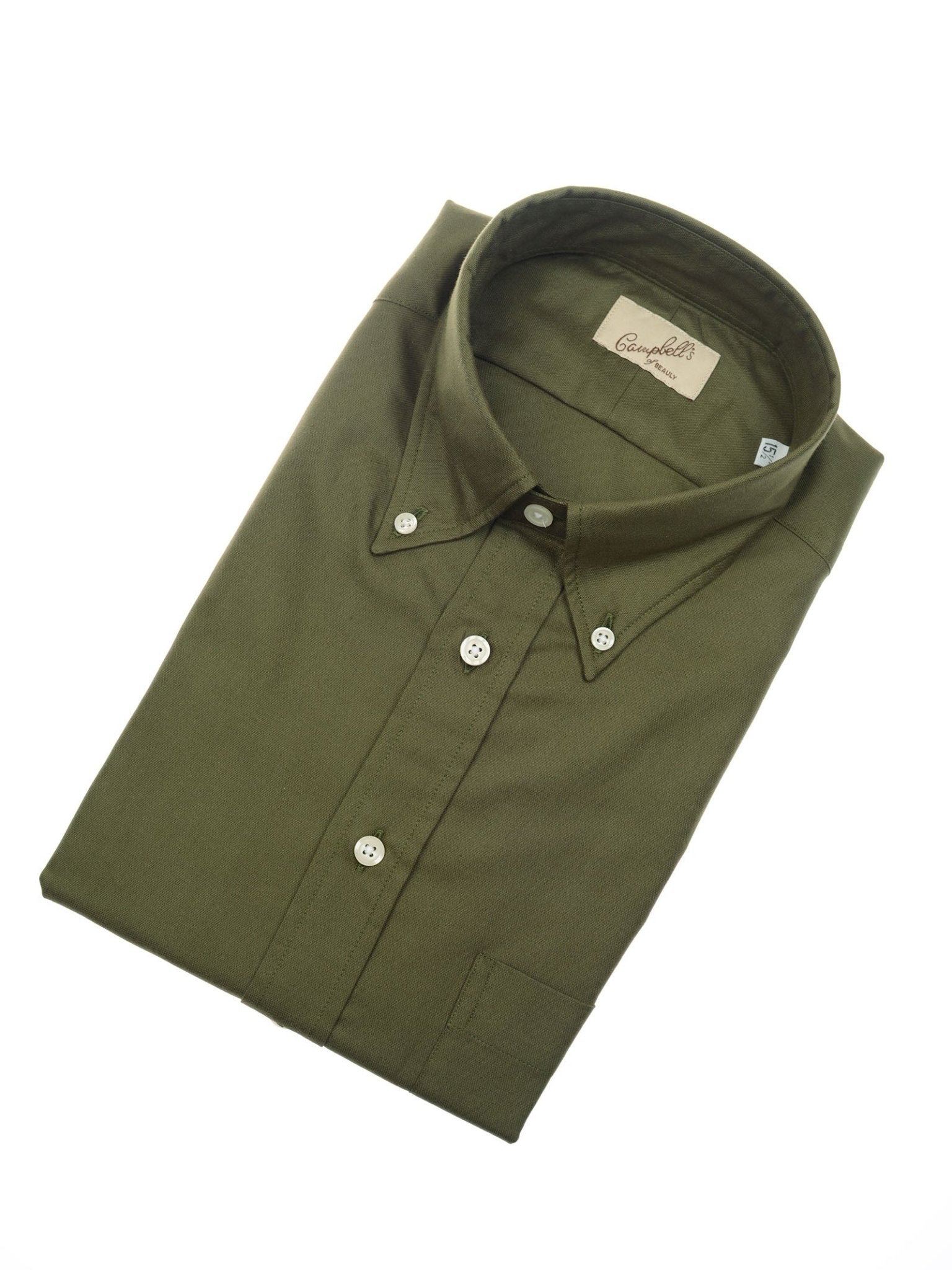 An olive green Oxford Button Down Shirt by Campbell's of Beauly, featuring white buttons and a branded label inside the collar, neatly folded and displayed on a white background.