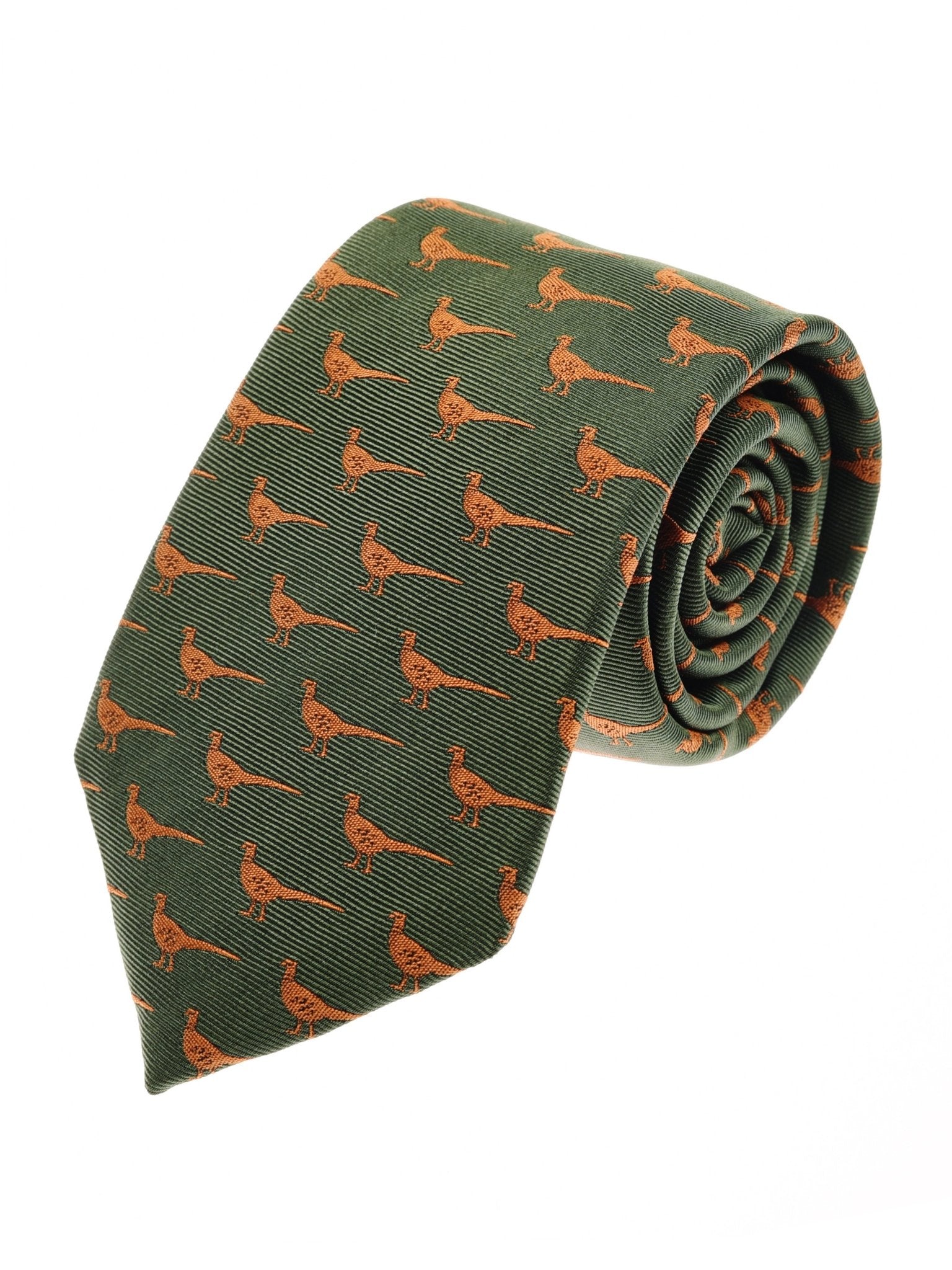 The Campbell's of Beauly Pheasant Silk Tie features a charming pheasant design in green, beautifully rolled and set on a white background—ideal for lovers of countryside style and handmade silk craftsmanship.