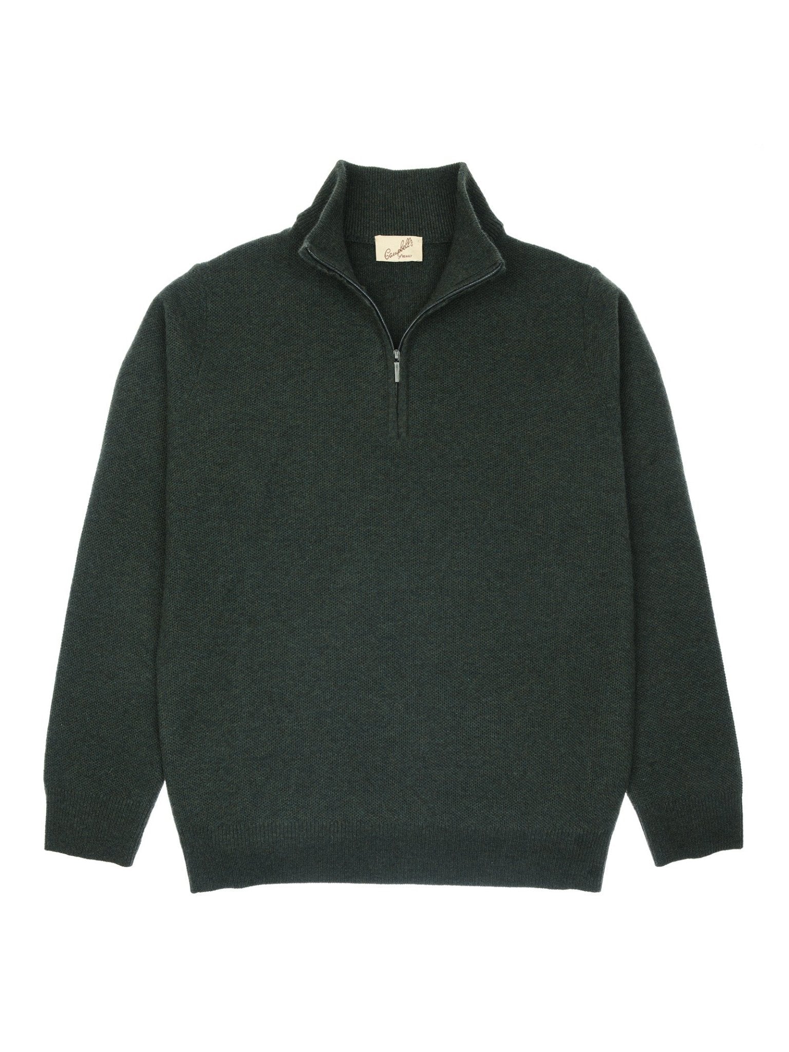 The Piquet Quarter Zip Jumper from Campbell’s of Beauly is a dark green men’s sweater with long sleeves and high collar, shown laid flat on white. A partially open zipper reveals a beige neckline label—a perfect blend of classic style and comfort.