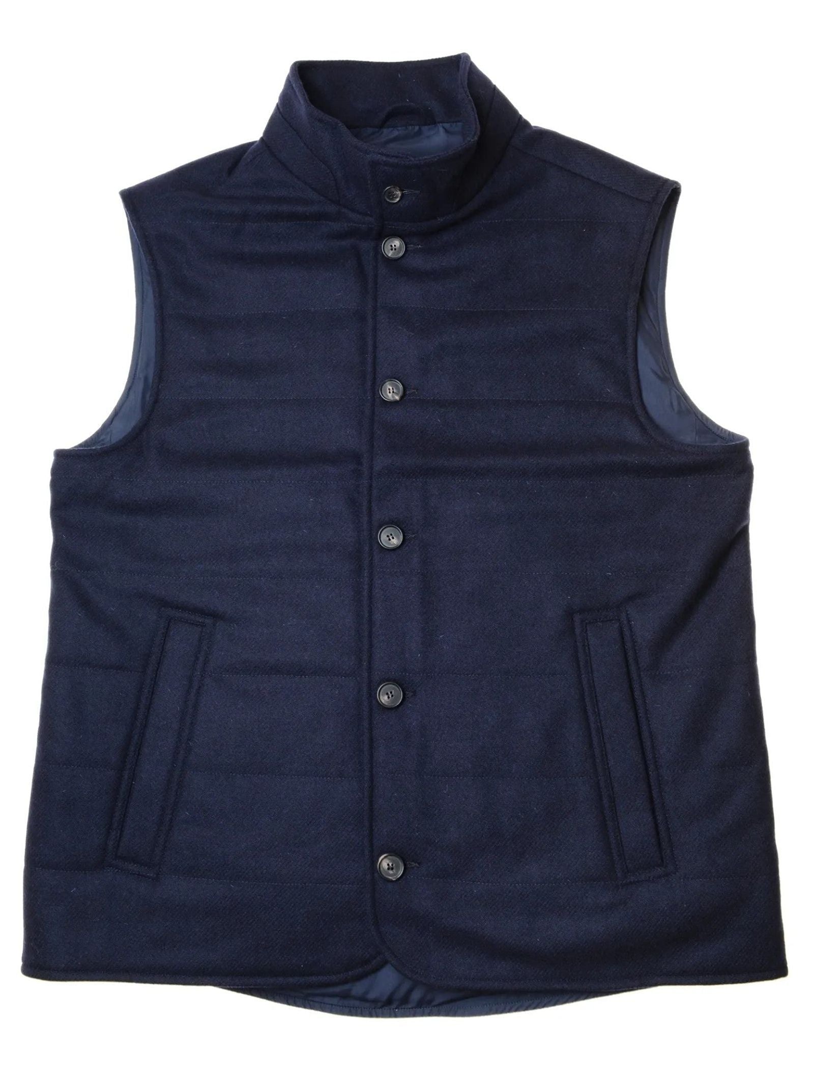 The Campbell’s of Beauly Quilted Buttoned Gilet, featuring a navy blue color, sleeveless design, stand collar, button closure, and two slanted front pockets, is displayed laid flat on a white background.