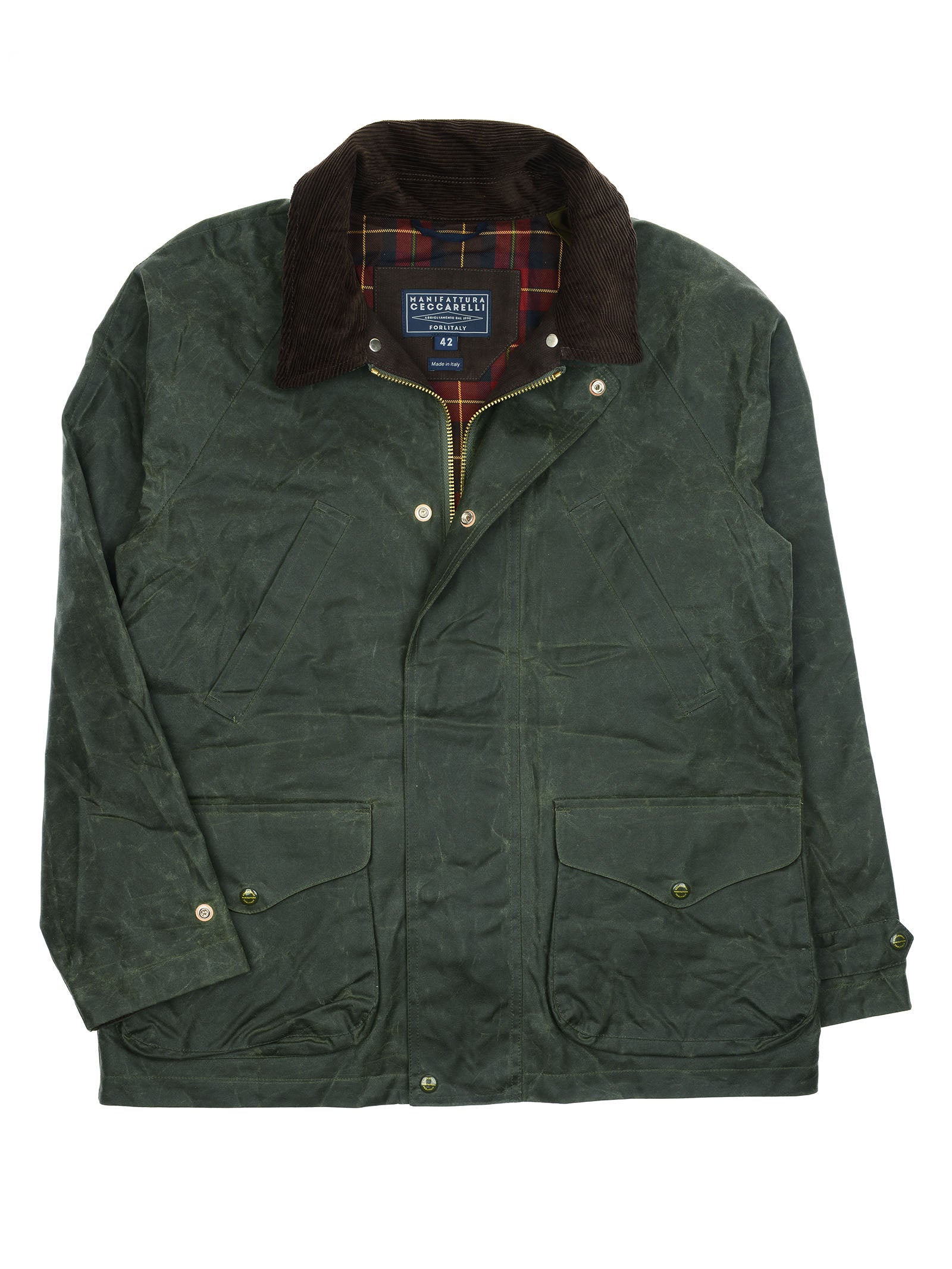 Rain Cabaan by Campbell’s of Beauly features a green waxed cotton shell, a brown corduroy collar, two front flap pockets, angled chest pockets, and an interior plaid lining—all laid flat on a white background—showcasing classic heritage outerwear style.