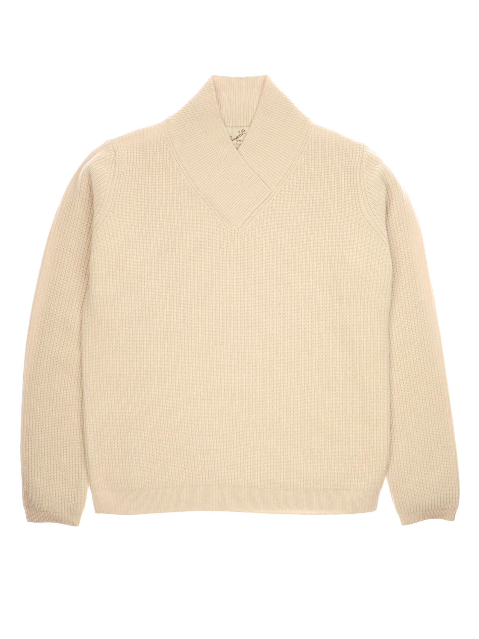 The Campbell’s of Beauly Rib V Neck Jumper is a cream-colored, long-sleeve sweater crafted from luxurious cashmere knit, featuring a wide, fold-over shawl collar and displayed laid flat on a white background.