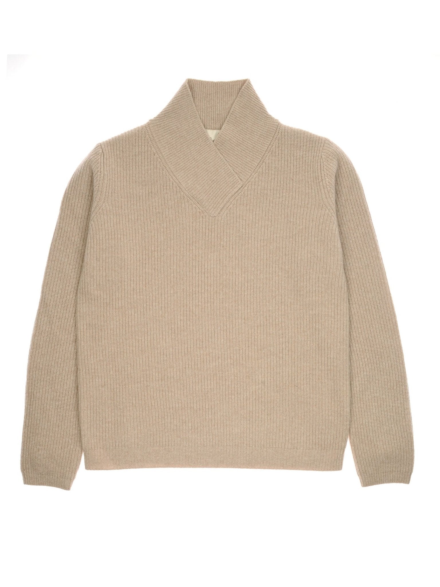Campbell’s of Beauly Rib V Neck Jumper in beige, crafted from soft merino wool with long sleeves and a ribbed knit texture, featuring a wide shawl collar and displayed flat on a white background.
