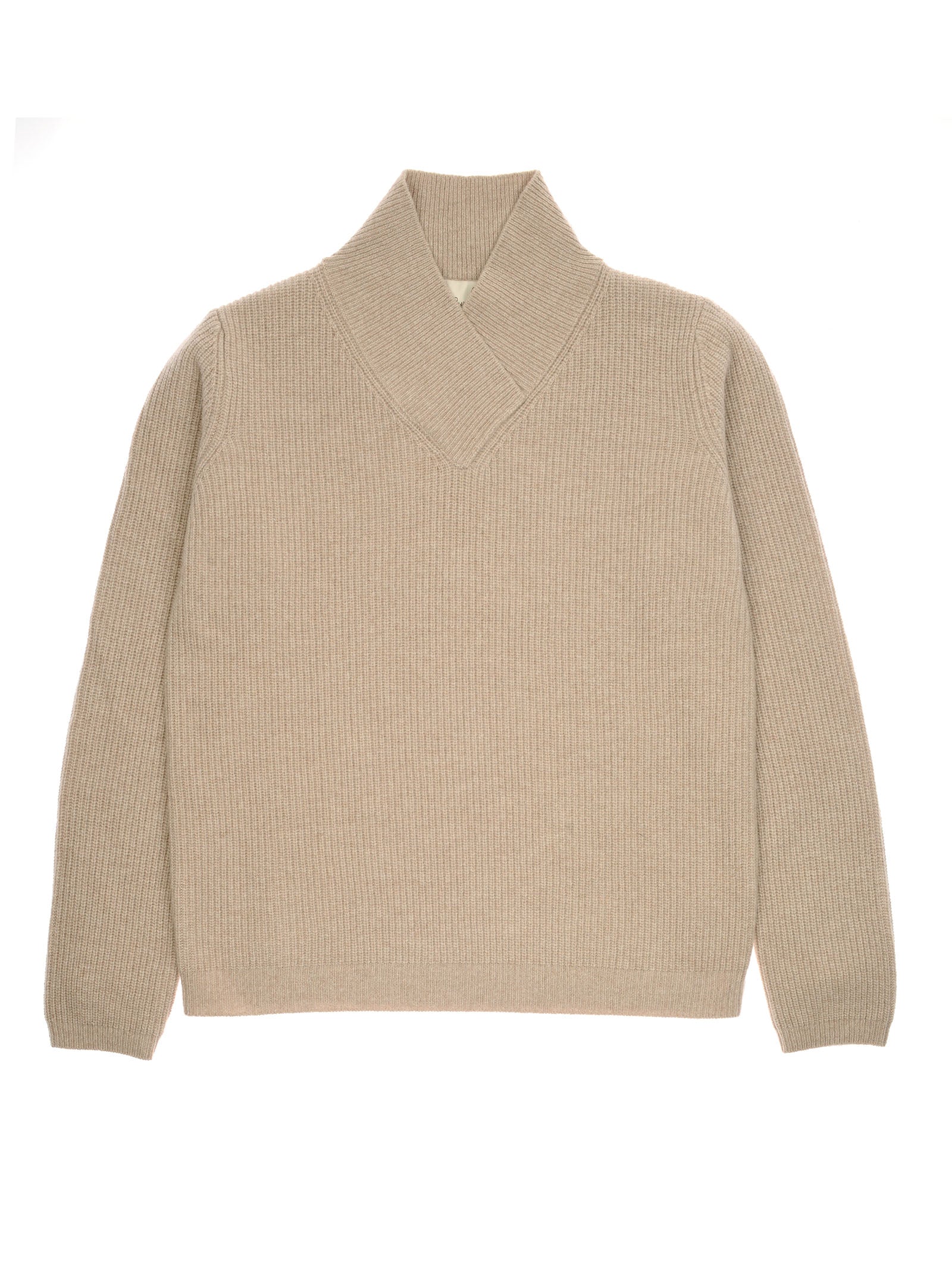 Campbell’s of Beauly Rib V Neck Jumper in beige, crafted from soft merino wool with long sleeves and a ribbed knit texture, featuring a wide shawl collar and displayed flat on a white background.