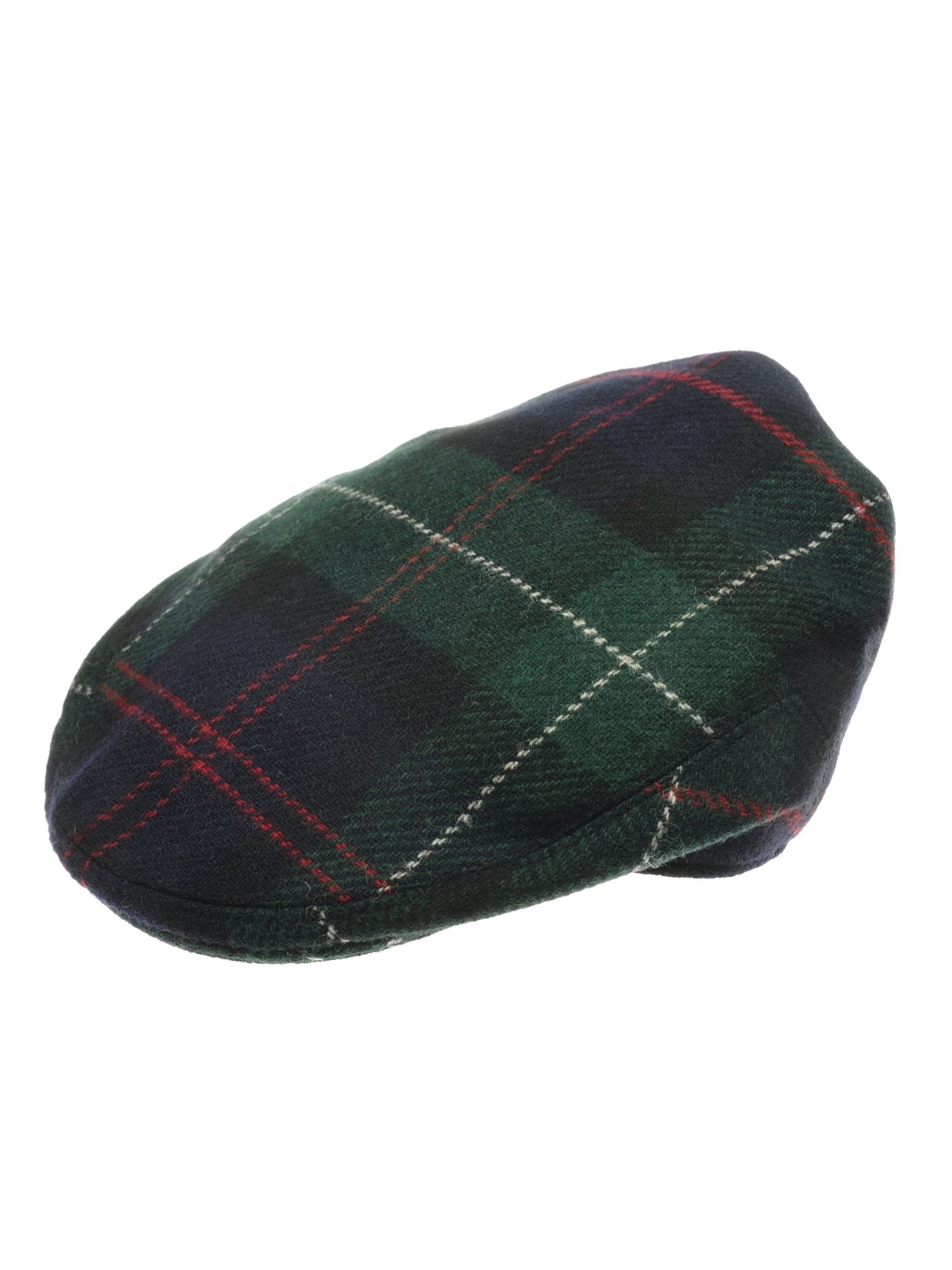 The Unisex Robertson Tartan Conon Cap by Campbell's of Beauly features green, blue, and black plaid with fine red and white checks, displayed on a white background.