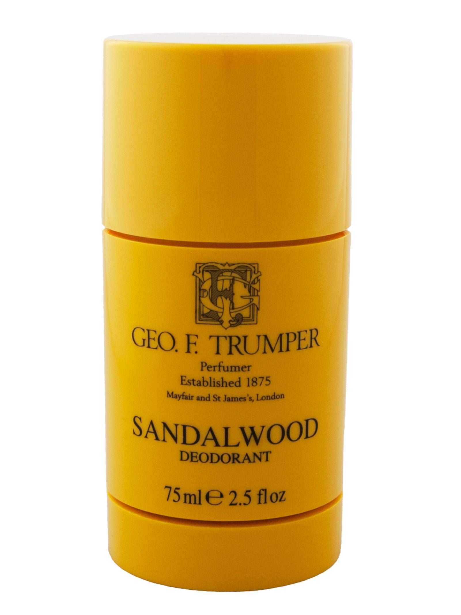 A yellow cylindrical container of Campbell's of Beauly Sandalwood Deodorant Stick, 75 ml (2.5 fl oz), features black text and logo on the front, delivering alcohol-free protection and long-lasting freshness.