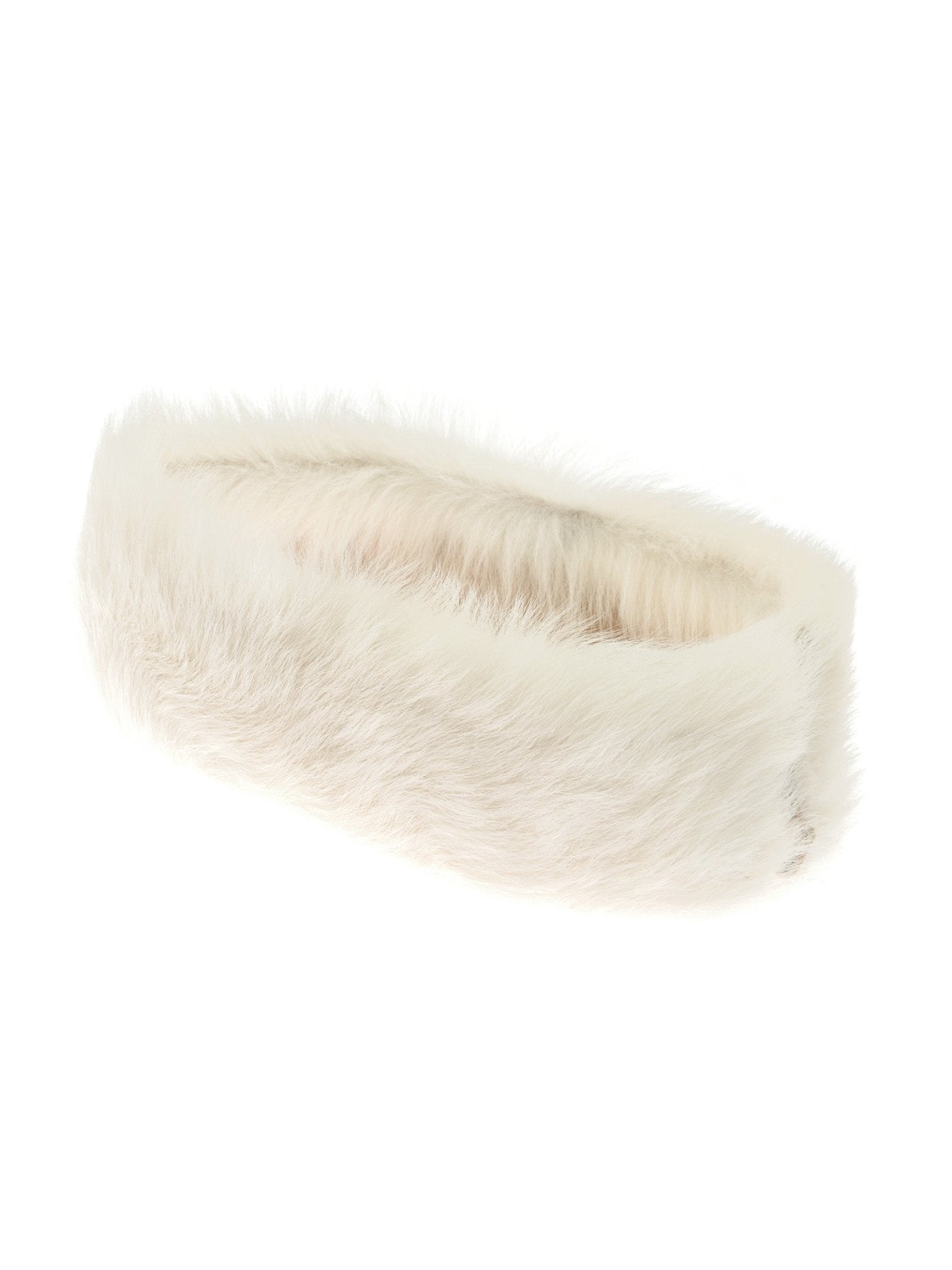 The Campbell's of Beauly Sheepskin Headband, featuring a plush texture and oval shape, is displayed against a plain white background. This luxurious white winter headband offers softness and warmth.