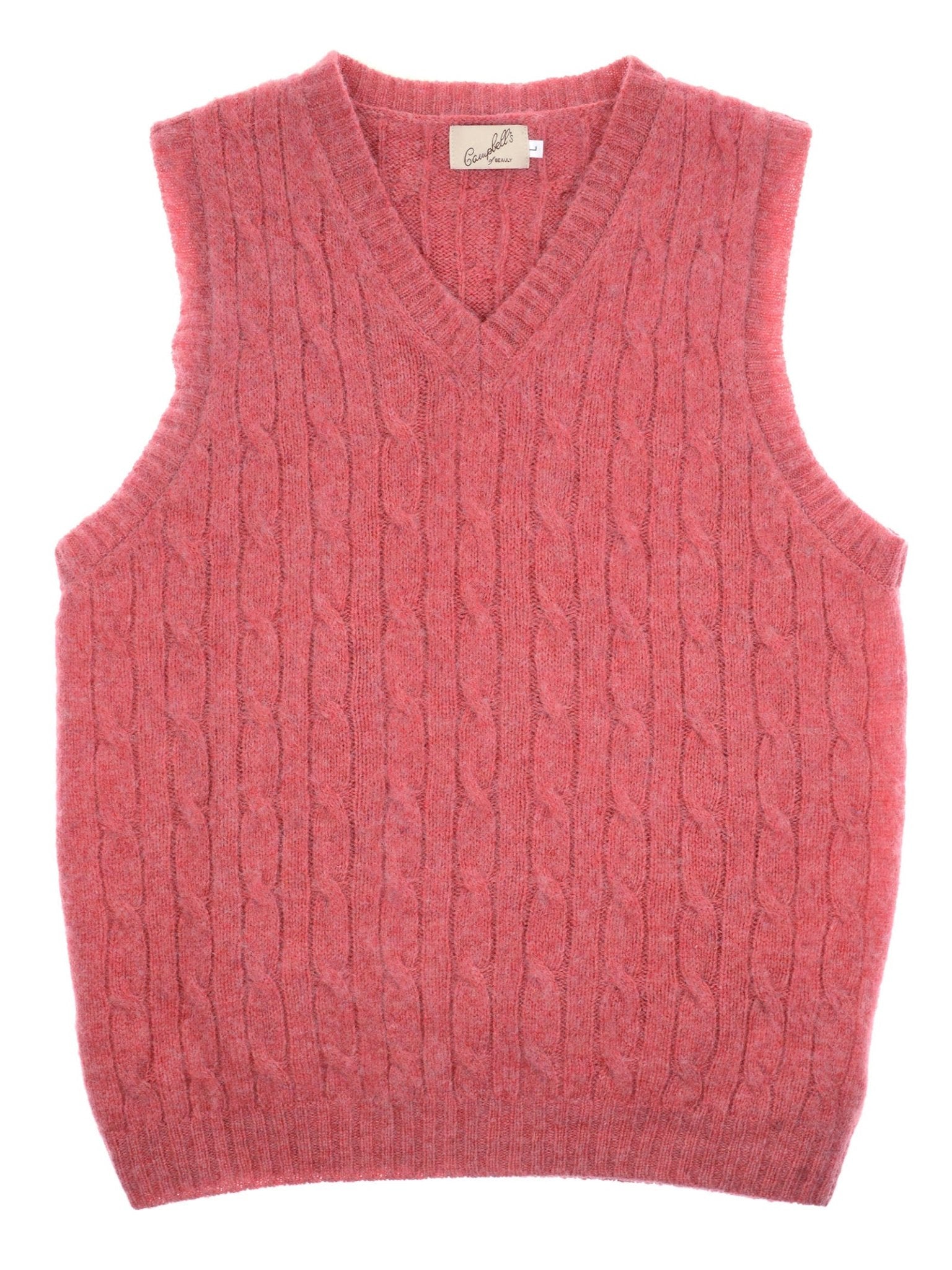 The Shetland Cable Slipover by Campbell's of Beauly is a sleeveless, cable-knit vest in soft pink with a V-neck and ribbed hem, expertly crafted from Shetland wool in Scotland for timeless warmth and style.
