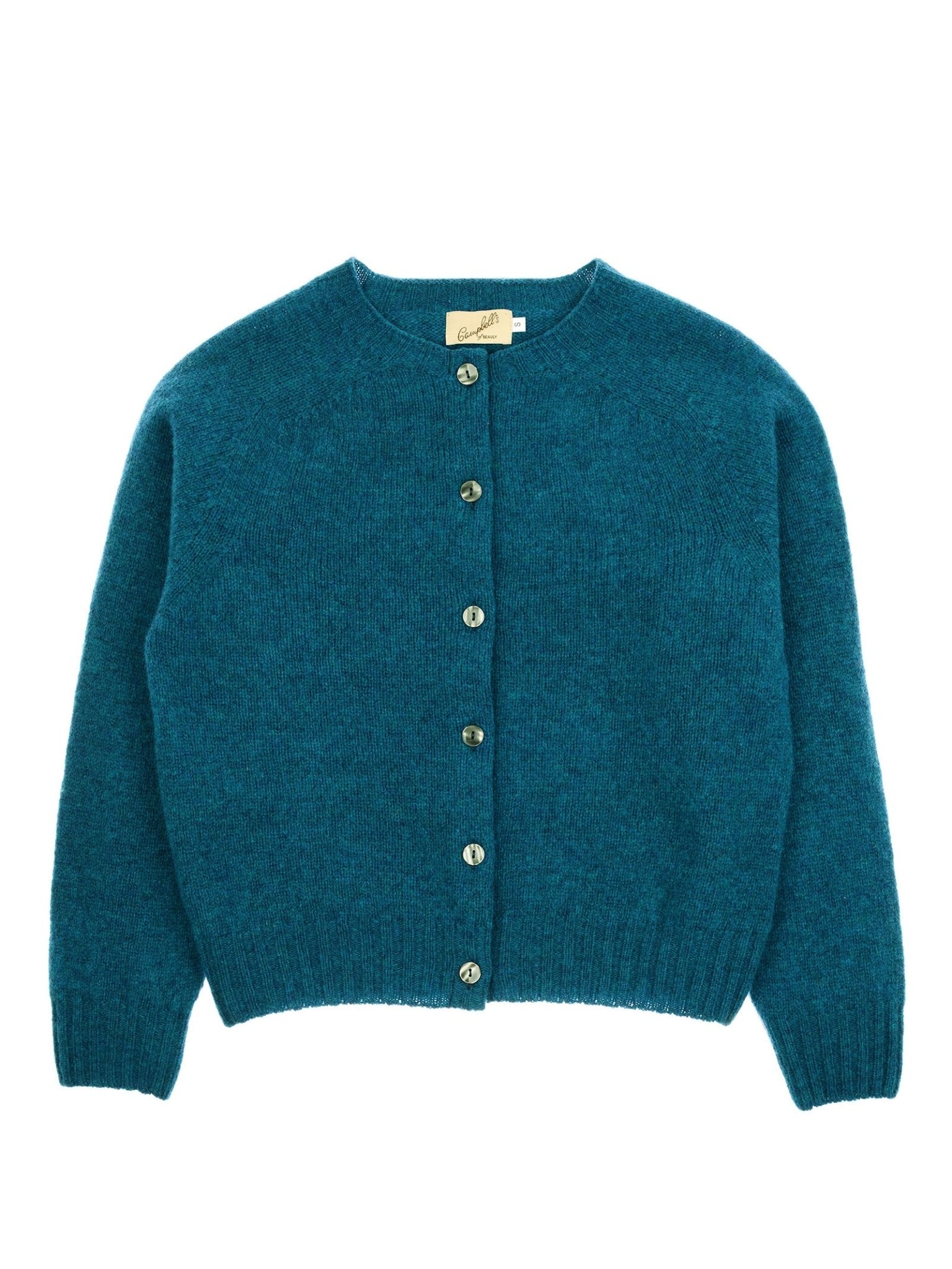 Teal blue Shetland Cropped Cardigan by Campbell's of Beauly, crafted from Pure New Wool with long sleeves, button-up front, round neckline, and ribbed cuffs and hem, displayed flat on a white background.