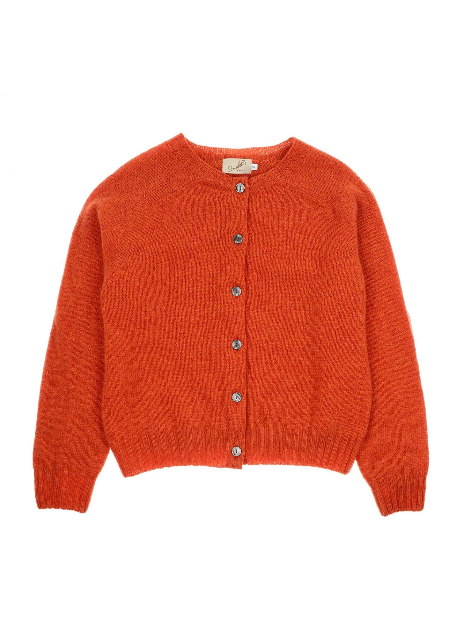 The Shetland Cropped Cardigan by Campbell's of Beauly, shown in bright orange, features long sleeves, a button-up front, crew neck, and ribbed trim—classic Scottish knitwear crafted from Pure New Wool against a white background.