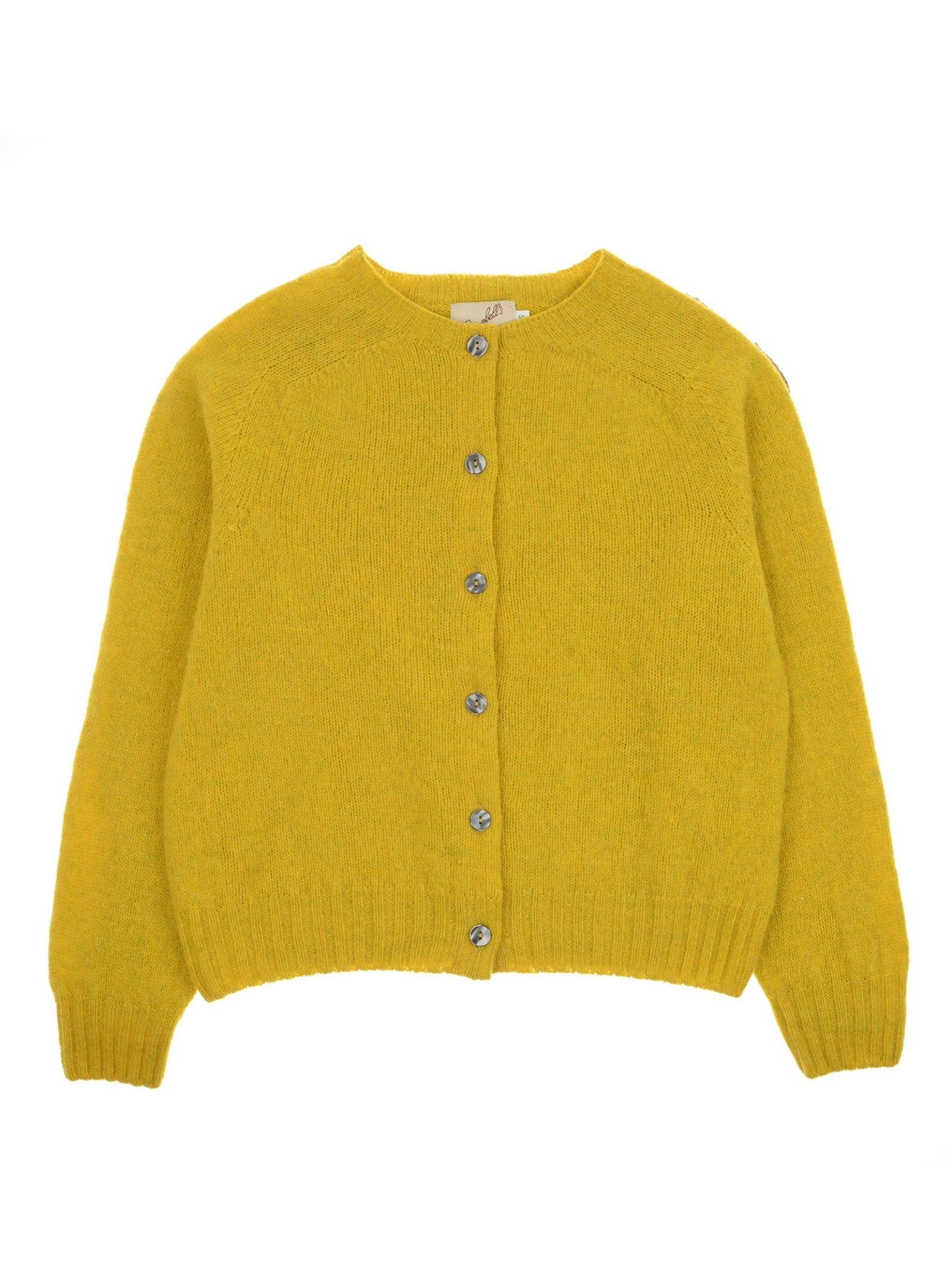 A mustard yellow Shetland Cropped Cardigan by Campbell's of Beauly, featuring long sleeves, pure new wool, a round neckline, and silver front buttons, is laid flat on a white background.