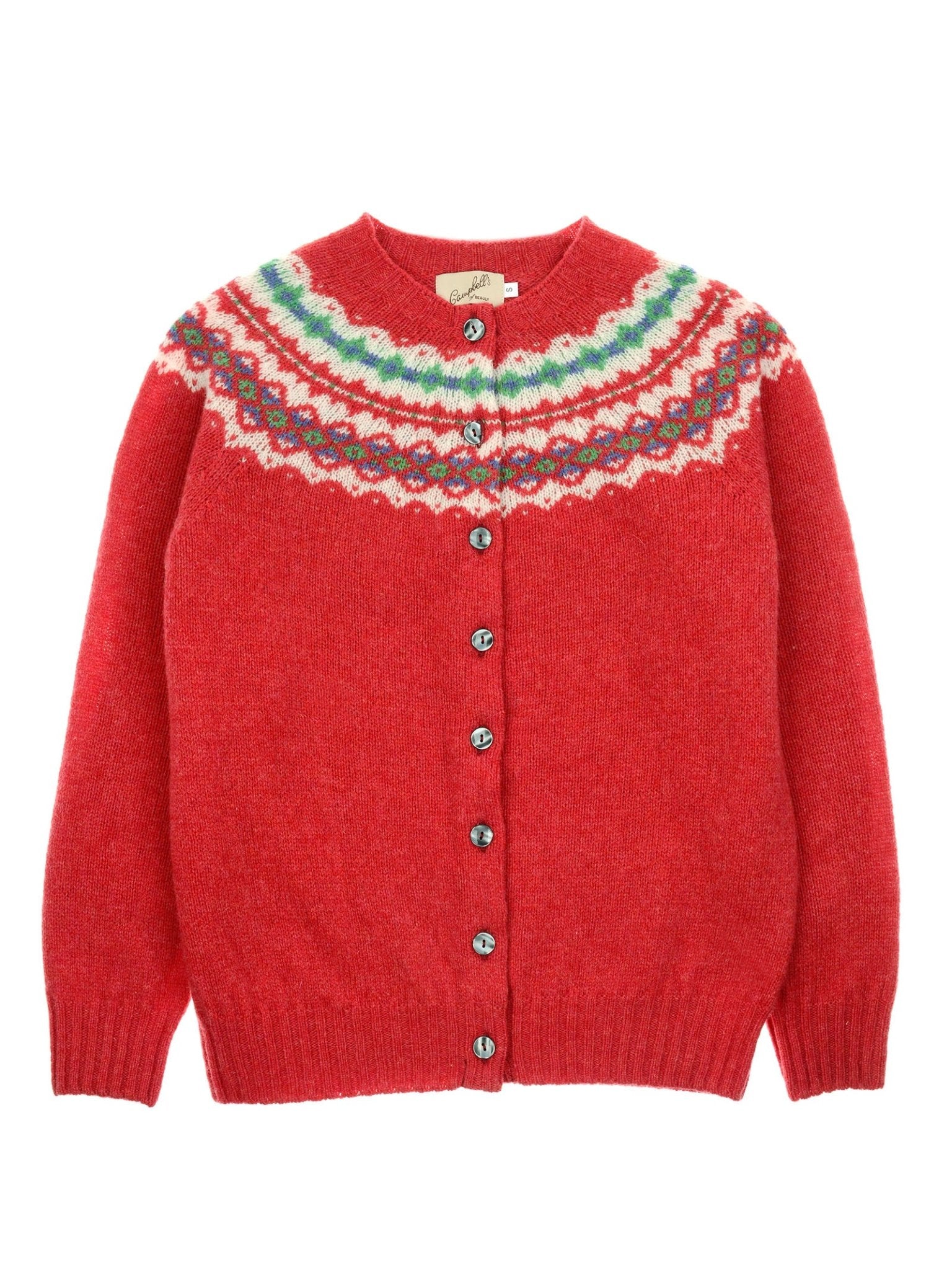 The Shetland Fairisle Cardigan by Campbell's of Beauly is made from pure new wool, featuring a red body, round neckline, colorful Fairisle yoke in green, white, and purple, and front dark buttons—a classic piece of Scottish knitwear.