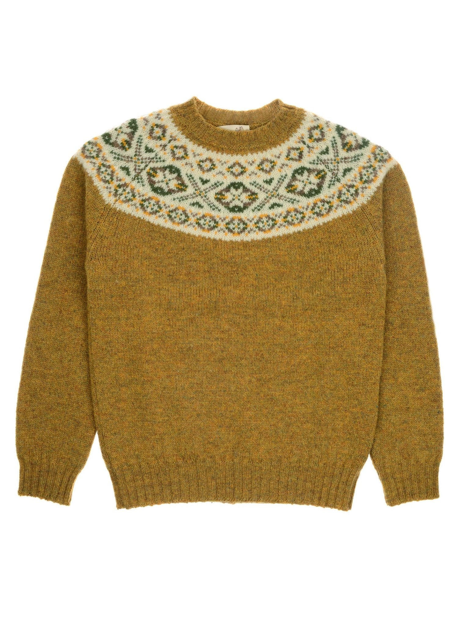 The Campbell's of Beauly Shetland Fairisle Crew is a gold Shetland wool sweater with a classic crew neck, featuring a white, green, and blue Nordic geometric pattern across the chest and shoulders.
