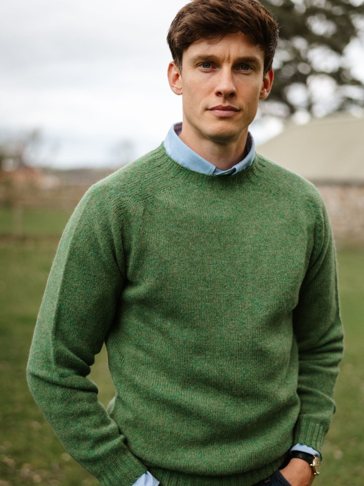 A man with short brown hair stands outdoors on grass, wearing a green Shetland Jumper by Campbell's of Beauly over a light blue collared shirt, with trees and a building in the background.
