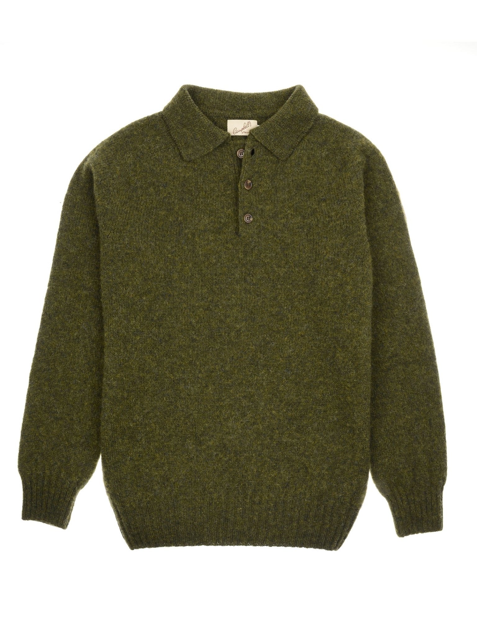 The Brushed Shetland Rugby Jumper by Campbell's of Beauly is a long-sleeve forest green sweater with a polo collar, three brown buttons, and ribbed hem and cuffs.
