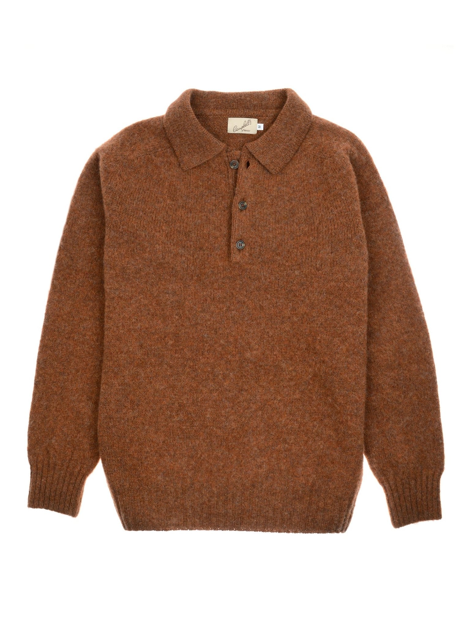 The Campbell's of Beauly Brushed Shetland Rugby Jumper in brown features long sleeves, a collar, and three front buttons, displayed flat on a white background.