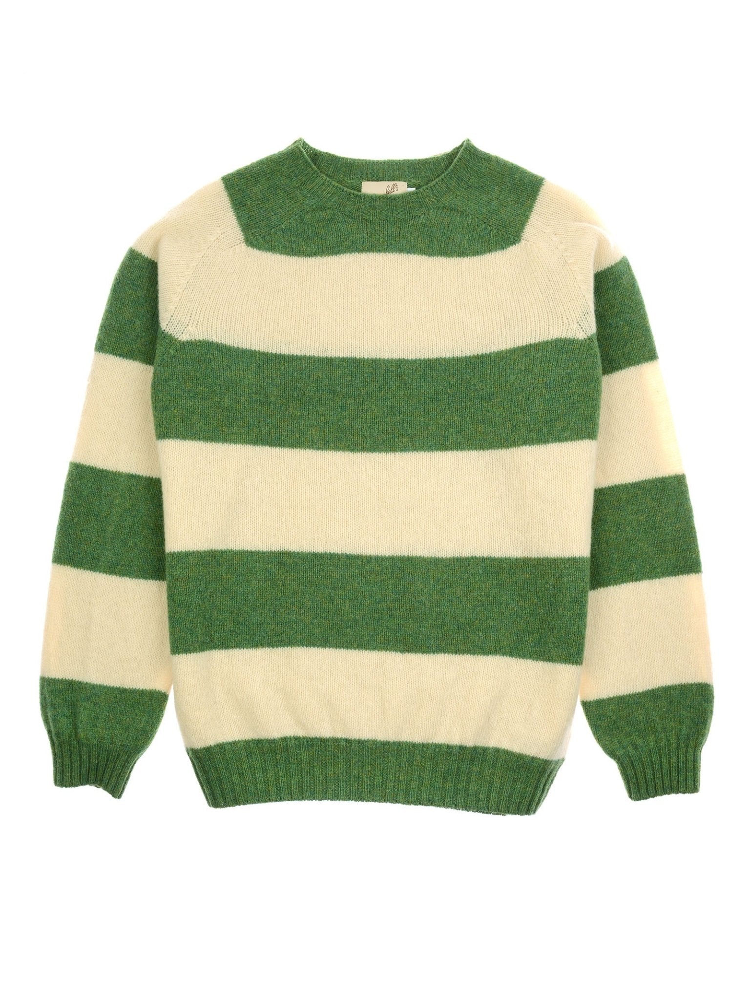 The Shetland Stripe Crew Jumper by Campbell's of Beauly features green and cream stripes, a crew neck, long sleeves, and ribbed cuffs and hem, crafted in classic Scottish knitwear style.