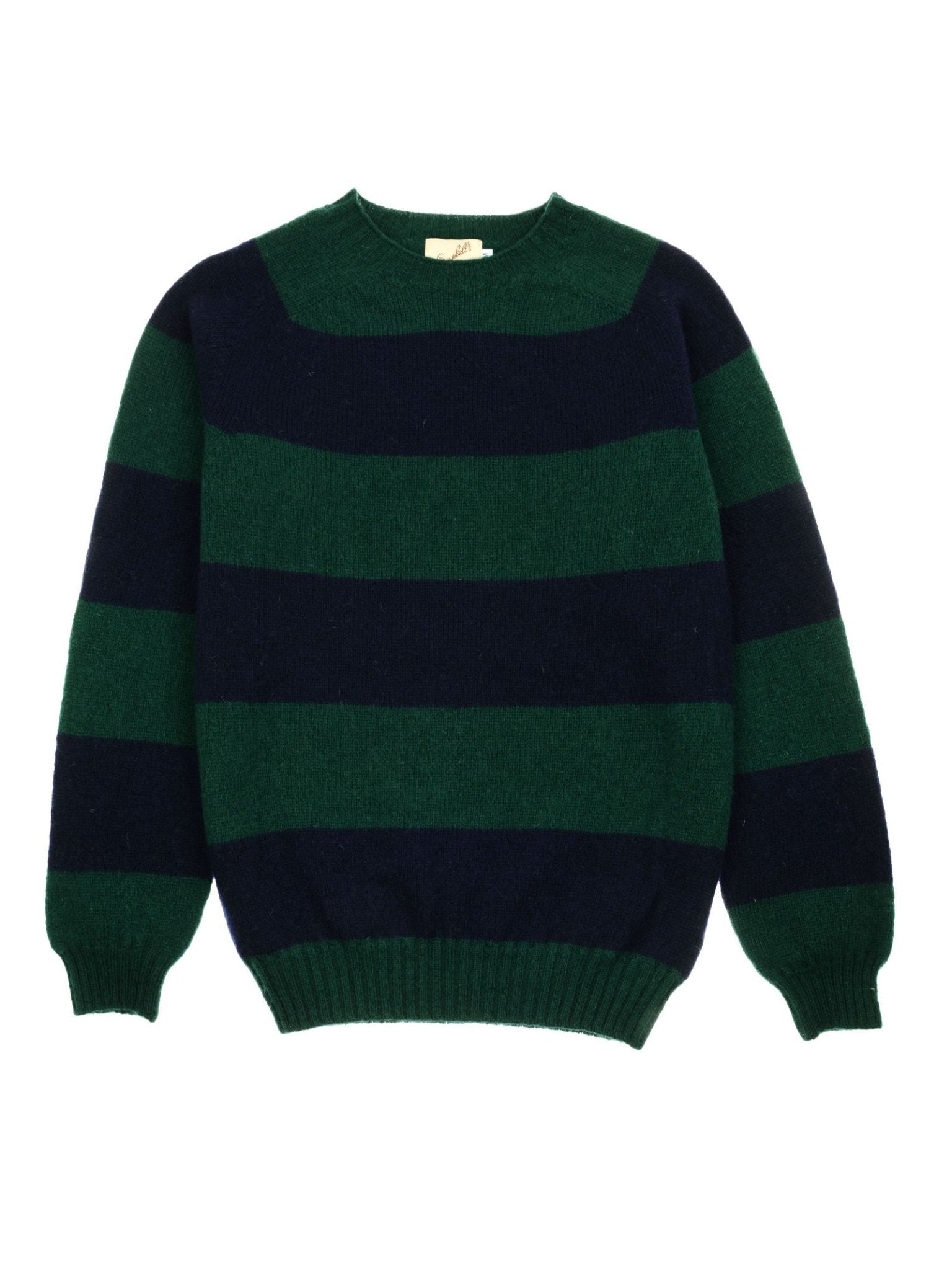 The Shetland Stripe Crew Jumper by Campbell's of Beauly is a lambswool crew neck sweater with wide dark green and navy stripes, finished with ribbed cuffs and hem for a classic, cozy style.