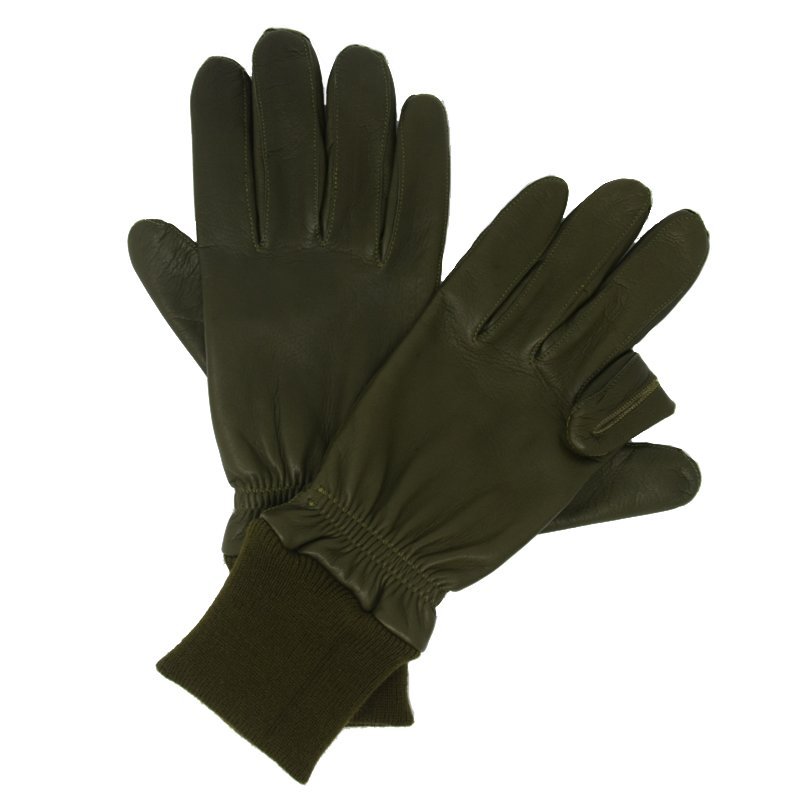 Campbell's of Beauly Unisex Shooting Gloves in dark green leather with ribbed knit cuffs, ideal for cold weather, displayed one atop the other against a white background.