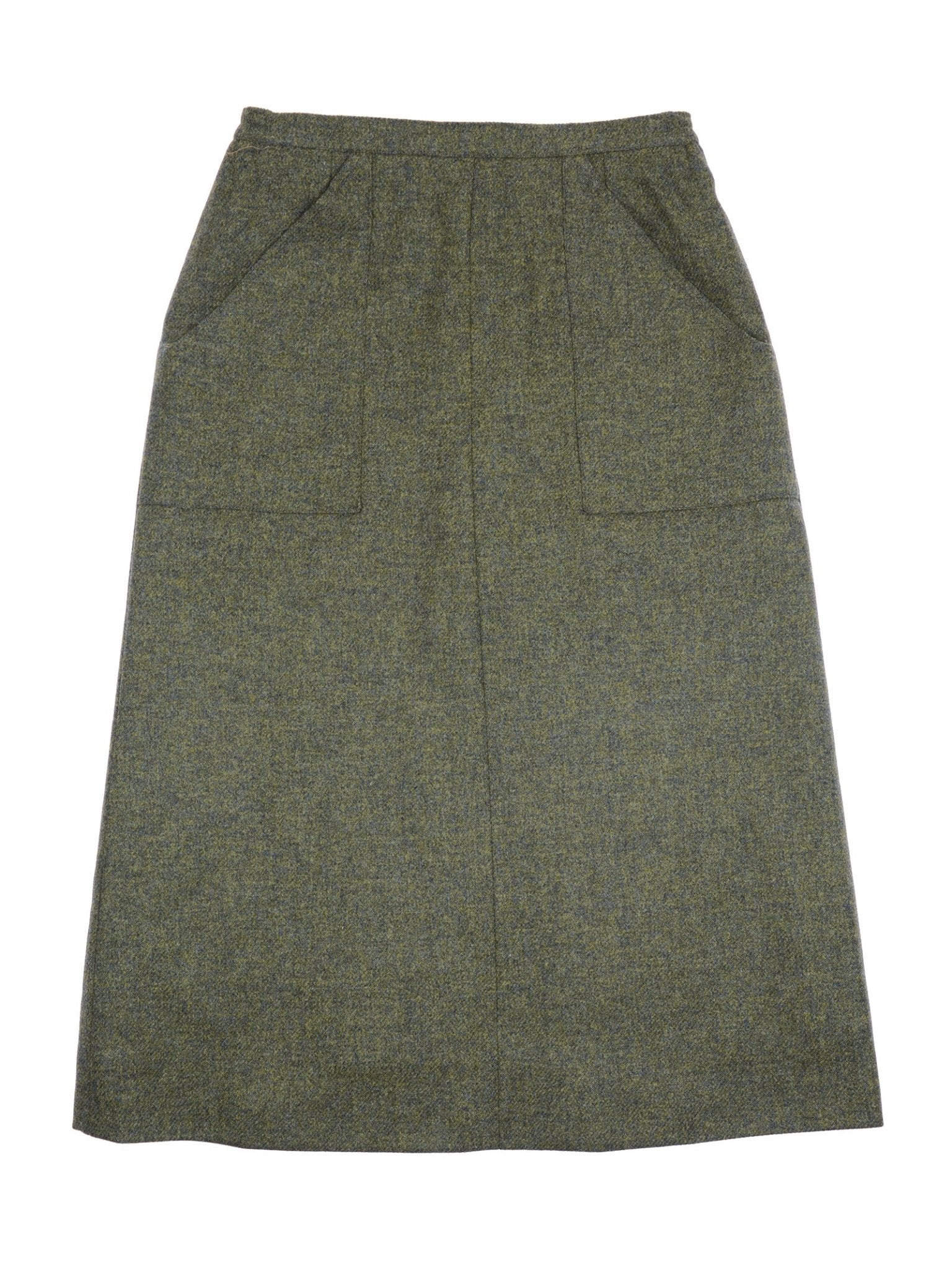 The Campbell's of Beauly A-Line Skirt in olive green features a straight cut, front patch pockets, and a subtle textured pattern, shown laid flat on a white background.