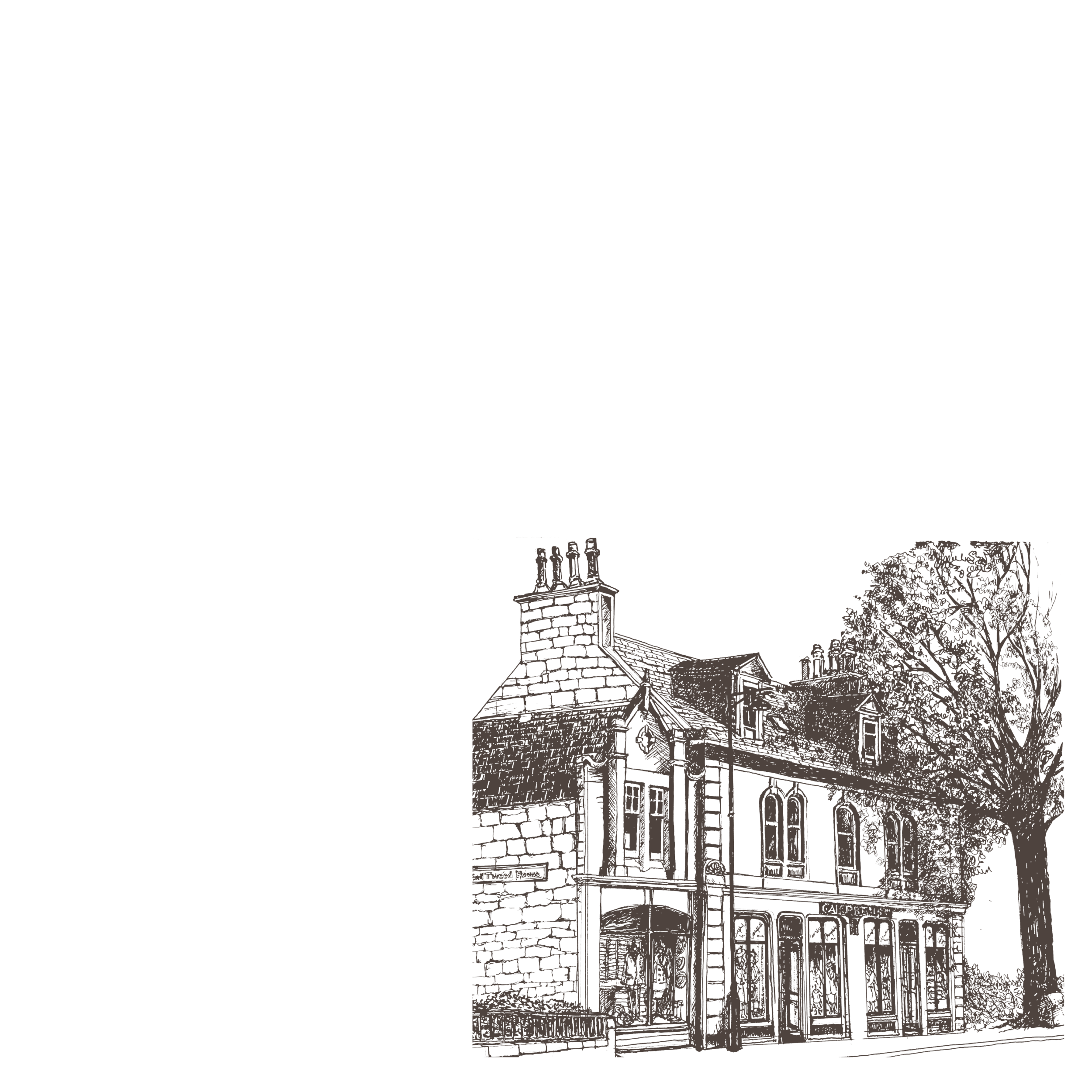 Detailed black and white sketch of a historic two-story building with chimneys and a large tree on the right, positioned in the lower right corner against a plain white background.