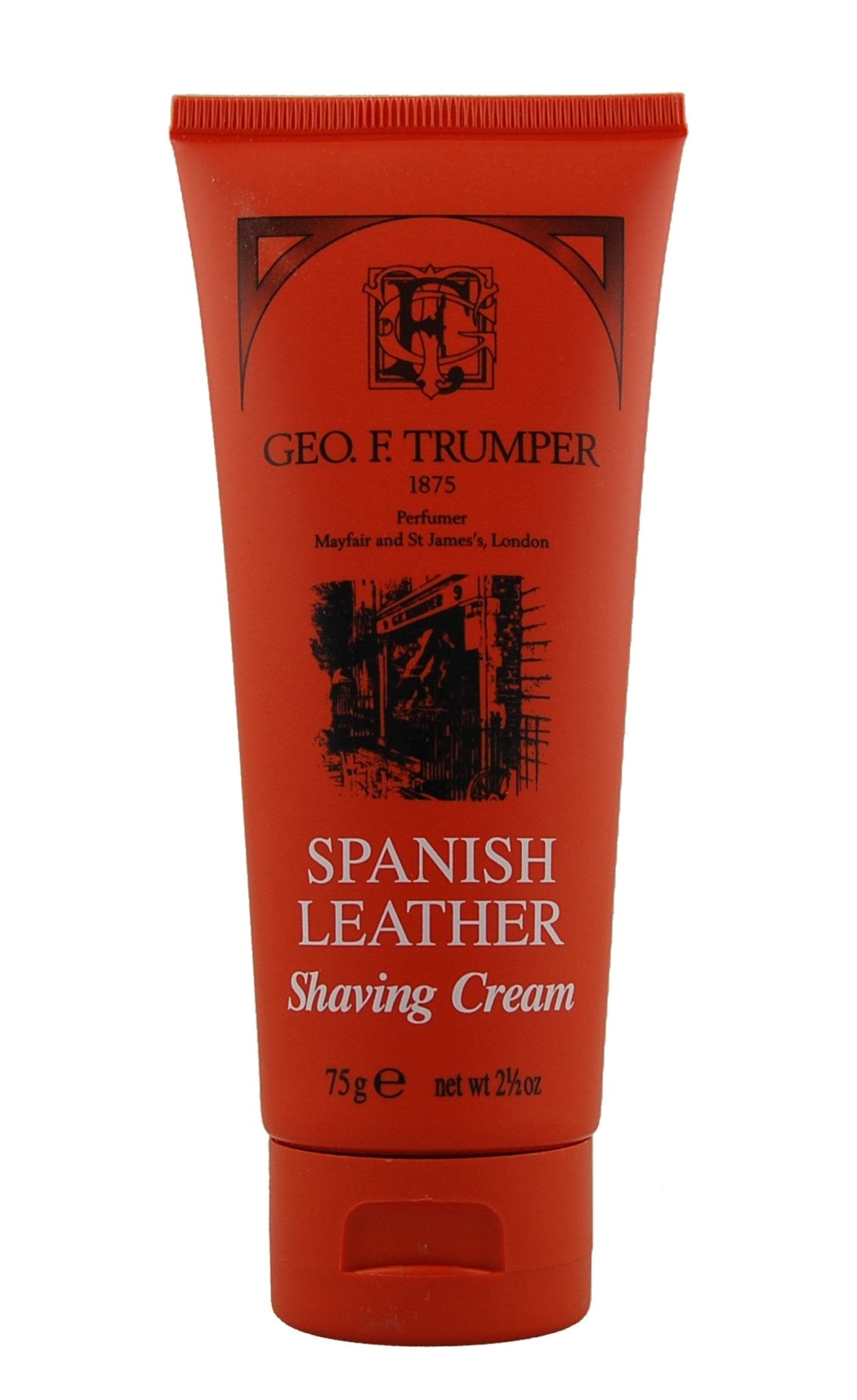 A red 75g tube of Campbell's of Beauly Shaving Cream Spanish Leather features black and gold text, a building illustration, and is glycerine-based for sensitive skin.