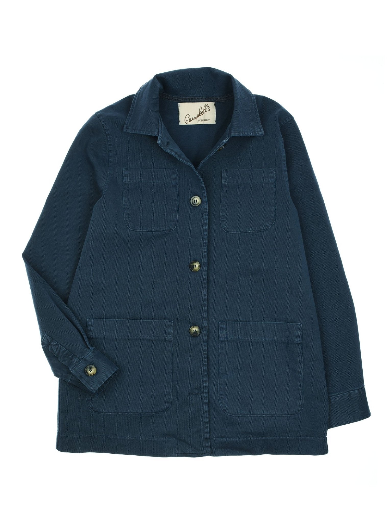 The Campbell's of Beauly Summer Chore Jacket in navy blue is crafted from 100% cotton with a relaxed fit, collar, four front pockets, and long sleeves, shown laid flat on a white background.