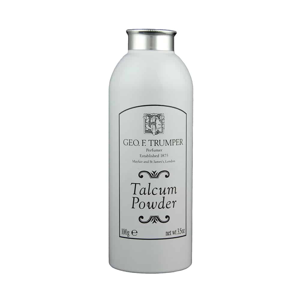 A white cylindrical bottle of Campbell's of Beauly Talcum Powder with a silver cap. The label displays black text showing the brand, product name, weight, and origin—a refined touch for your grooming routine.
