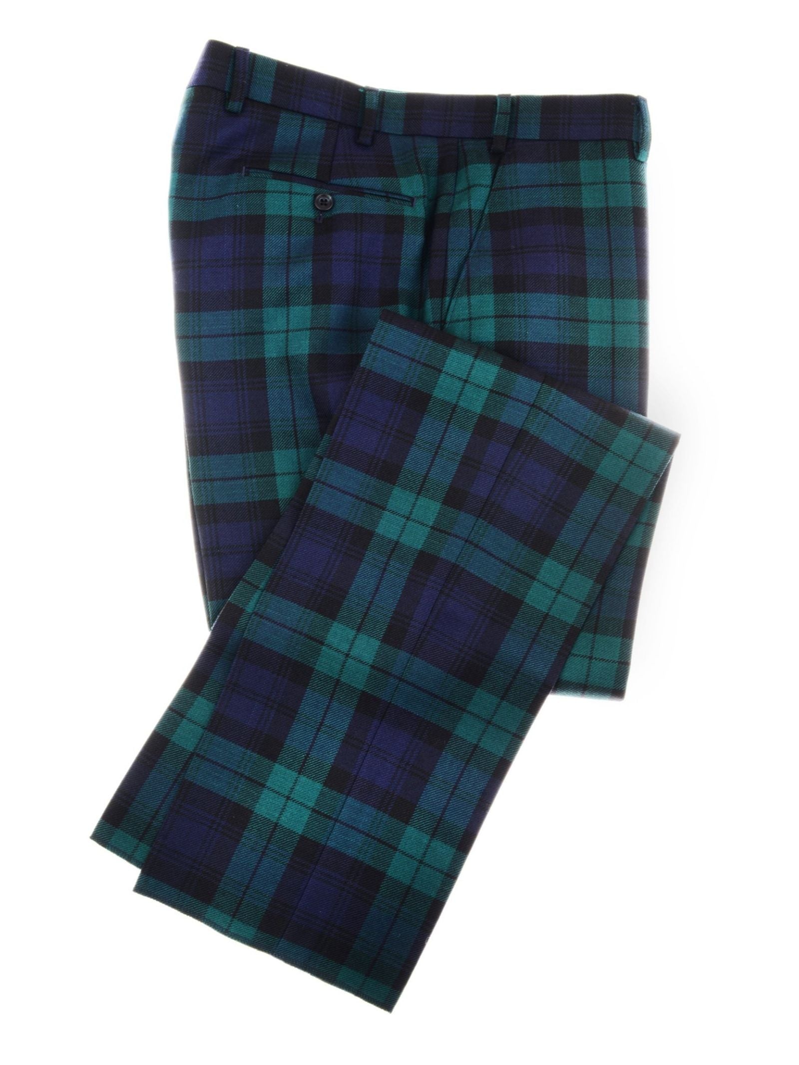 A pair of neatly folded Auld Stock Tartan Trousers by Campbell’s of Beauly, featuring a green and navy blue pattern with black accents and a single pocket button, expertly crafted in the UK from 100% wool.