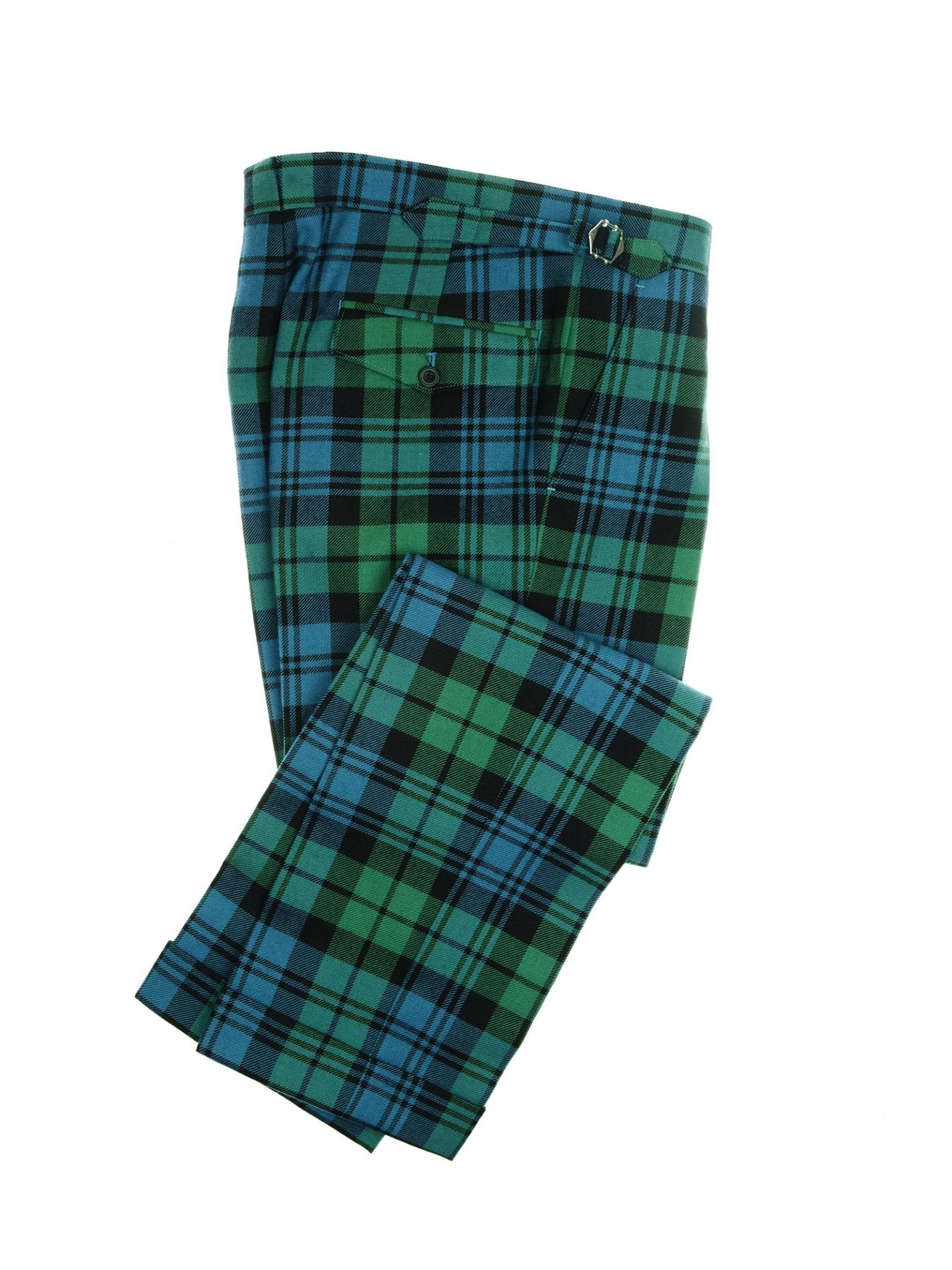Campbell's of Beauly Tartan Trousers in green, black, and blue 100% wool feature a buttoned back pocket and metal clasp waistband, shown on a white background.