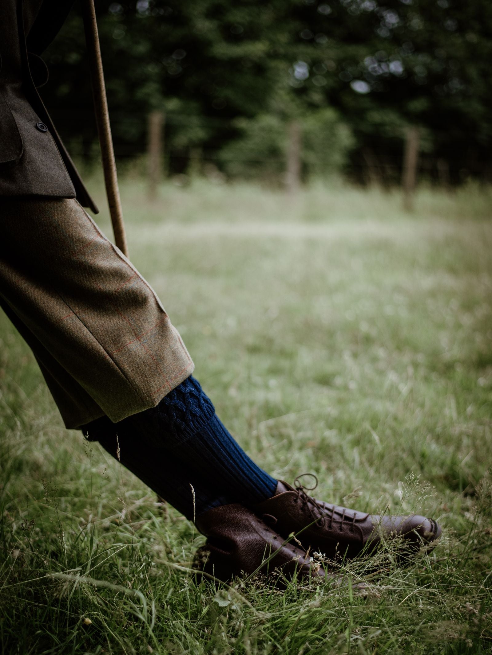 A person in Campbell's of Beauly Plus Fours, blue knee-high socks, and brown shoes stands on grass holding a cane. The blurred green background and fence evoke classic country sportswear style.