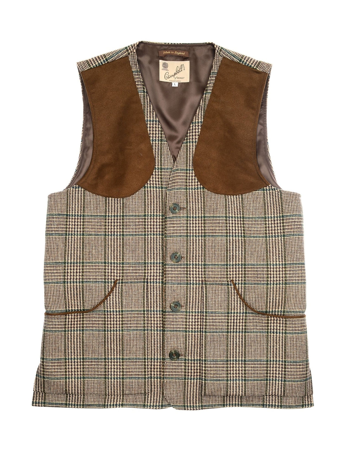 A Campbell’s of Beauly Tweed Shooting Waistcoat, featuring classic brown and beige plaid with brown suede shoulder patches, front buttons, and two front pockets, is laid flat on a white background—an ideal gentlemen’s field gilet for countryside pursuits.