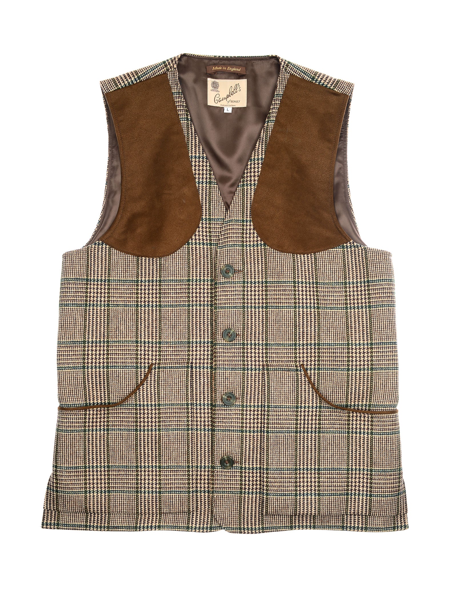 A Campbell’s of Beauly Tweed Shooting Waistcoat, featuring classic brown and beige plaid with brown suede shoulder patches, front buttons, and two front pockets, is laid flat on a white background—an ideal gentlemen’s field gilet for countryside pursuits.