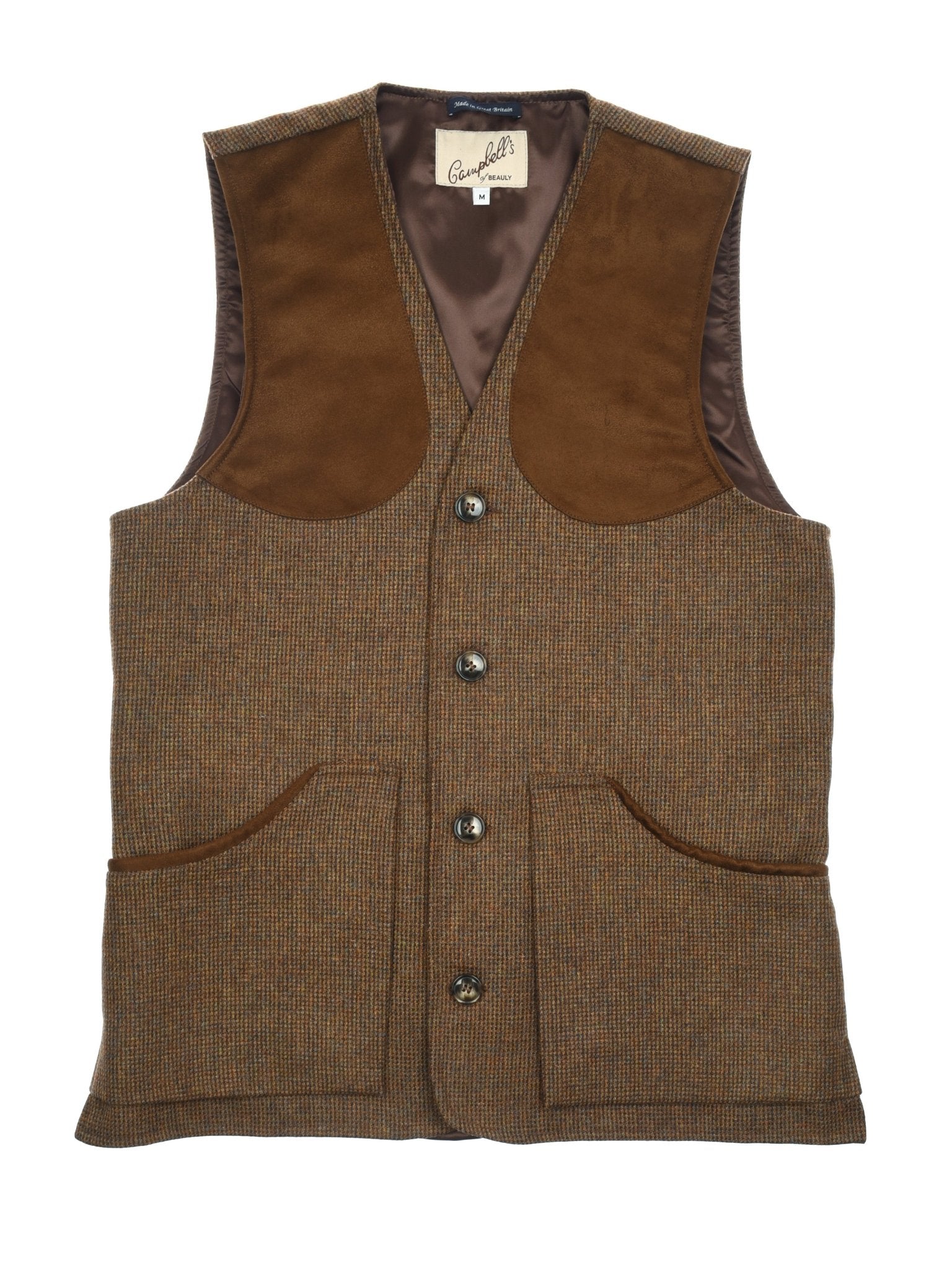 The Campbell's of Beauly Tweed Shooting Waistcoat in Brown Melange features suede shoulder patches, four front buttons, two large pockets, a smooth dark brown lining, and a tailored fit—perfect for countryside pursuits.