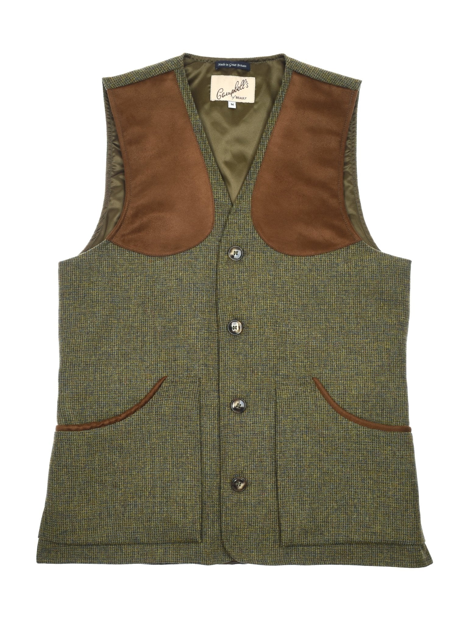 The Campbell's of Beauly Tweed Shooting Waistcoat in Green Melange features brown suede shoulder patches, a button front, two spacious pockets, and a V-neck collar—perfect for countryside pursuits and classic outdoor style.