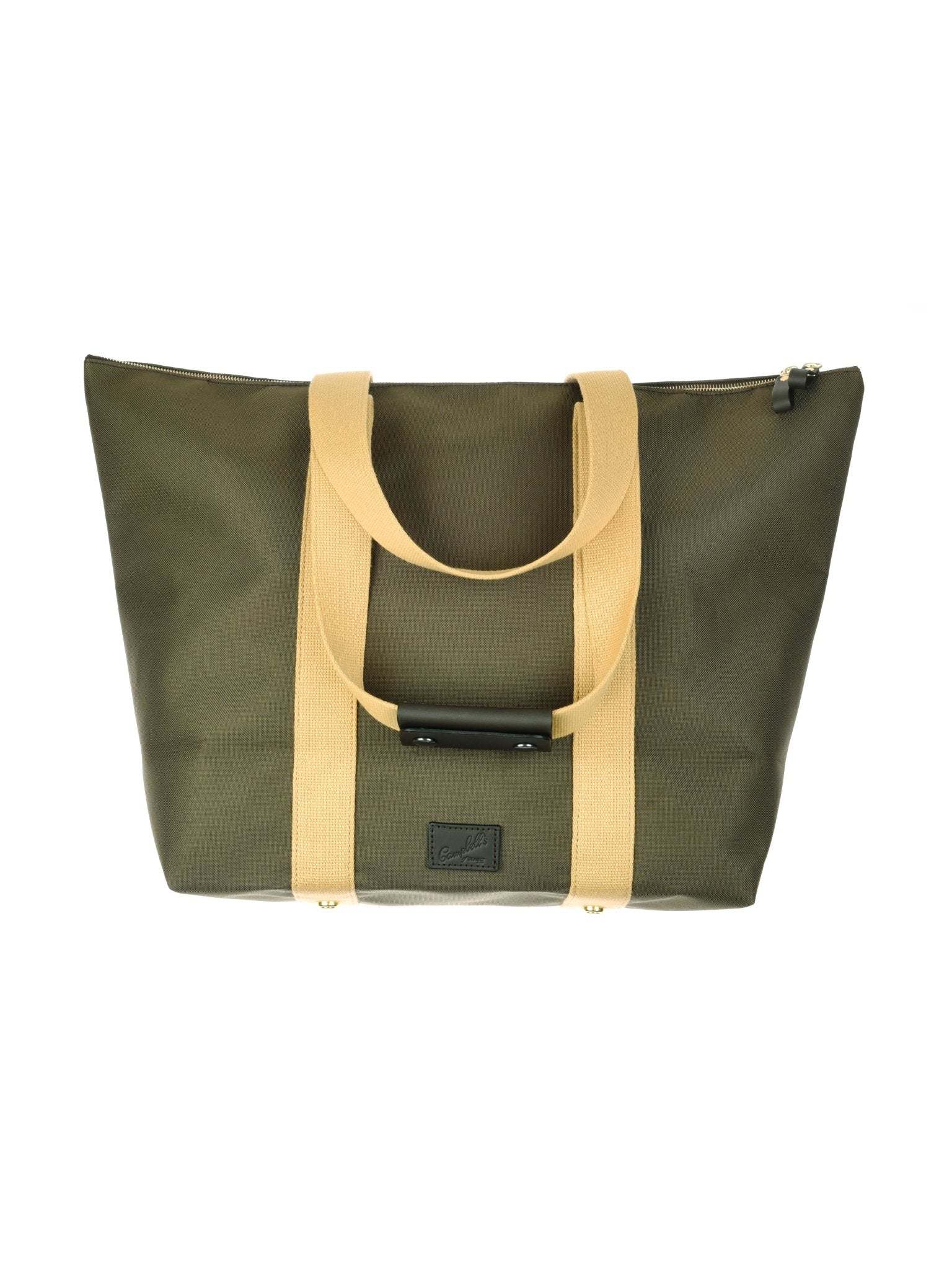 The Utility Medium Tote by Campbell's of Beauly is an olive green canvas bag with tan handles and a black front patch, ideal for everyday use and shown against a white background.