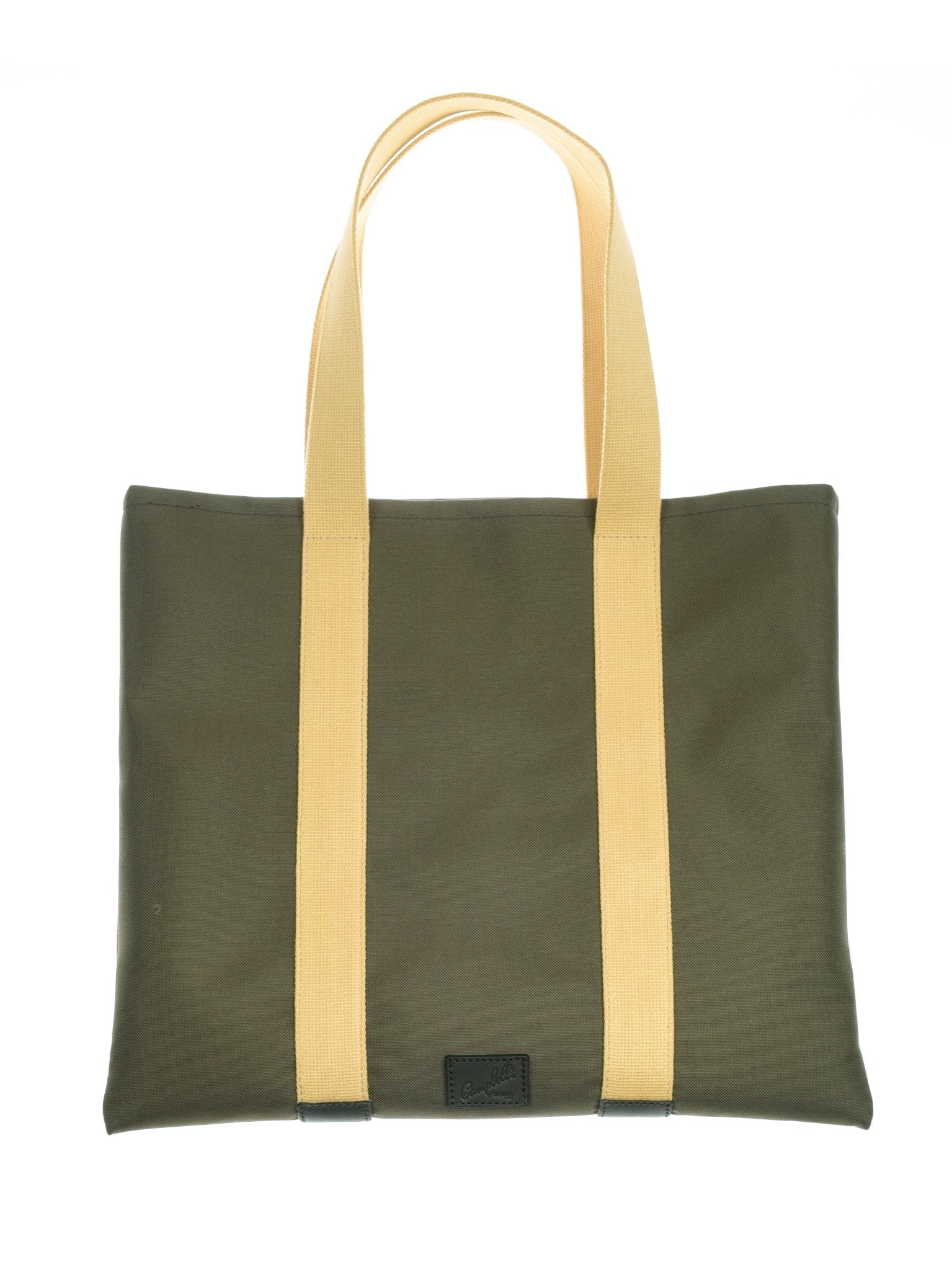 The Campbell's of Beauly Utility Packaway Tote is a lightweight, olive green canvas bag with long beige straps and a black label near the bottom—durable, rectangular, and perfect for everyday use.