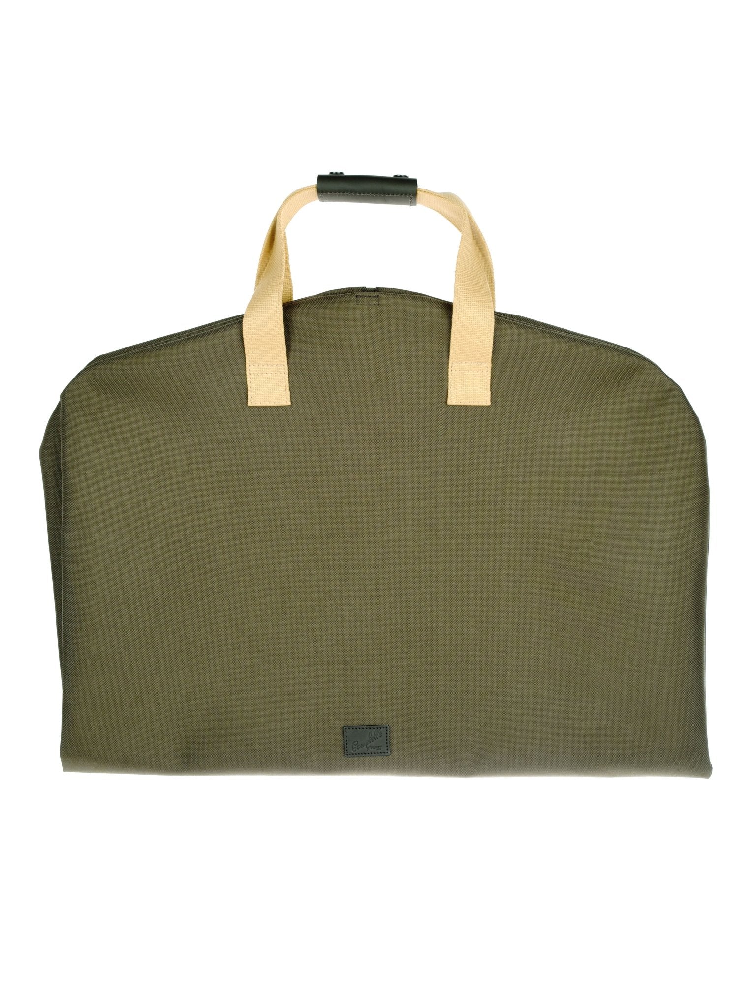 The Campbell's of Beauly Utility Suit Bag is a large olive green canvas bag with light beige handles and a black rectangular patch near the bottom center, designed to protect garments. Shown here against a white background.